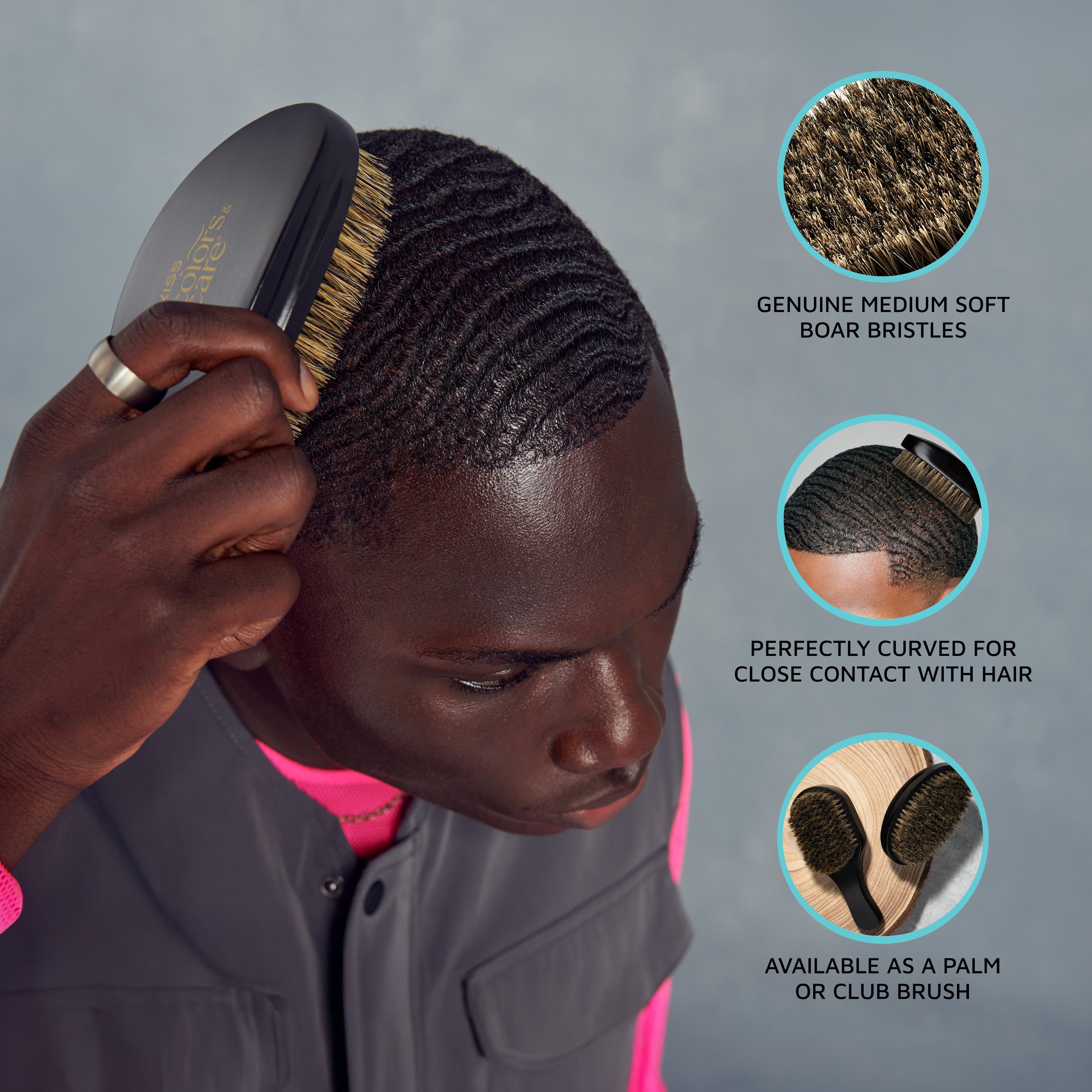 Hand using a black KISS Colors & Care 360 Power Wave Premium Boar Brush on short waves hair. Text highlights genuine medium soft boar bristles, curved shape for close contact, and palm or club brush options.