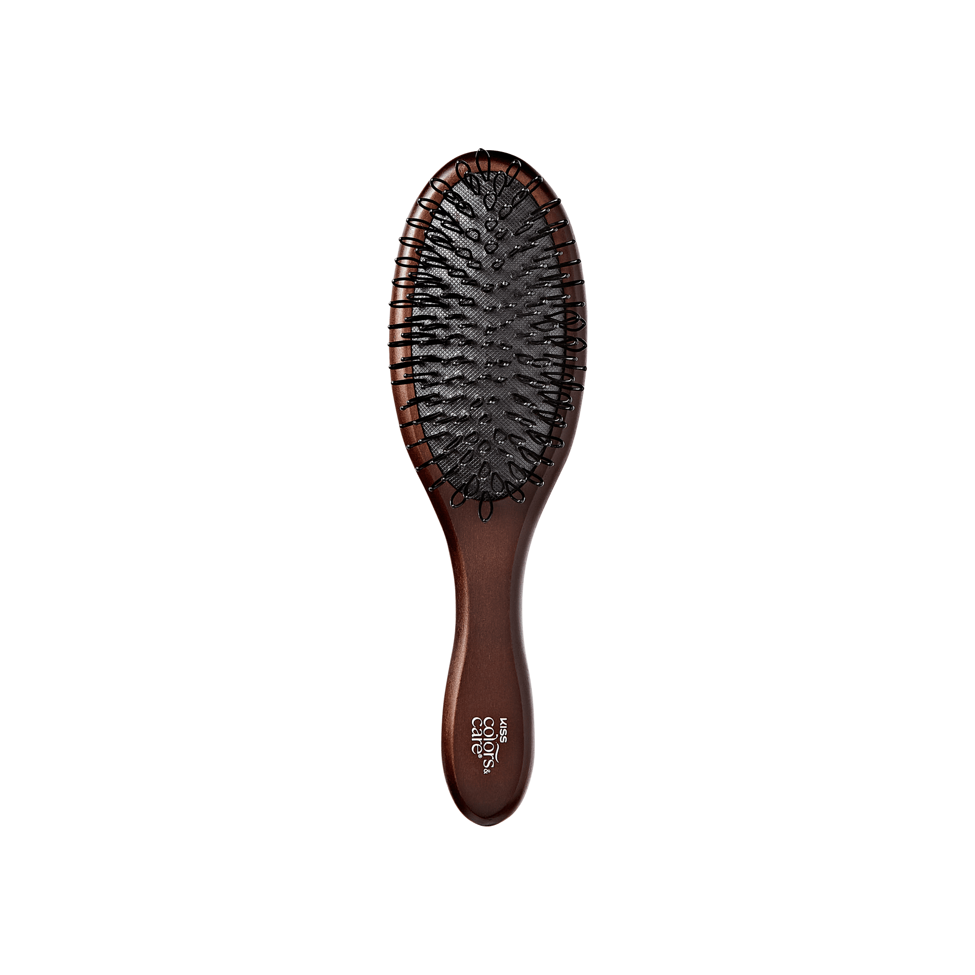 Wooden wig brush with dark brown handle and black cushioned bristles, branded "KISS Colors & Care" on the handle.