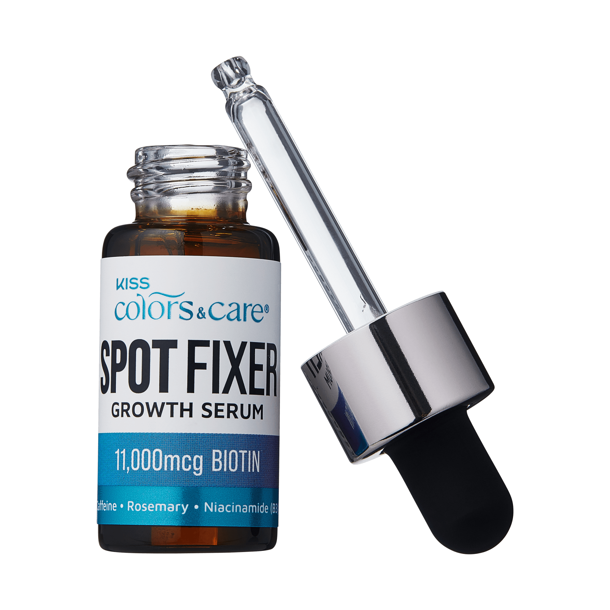 Amber glass bottle of Kiss Colors & Care Spot Fixer Growth Serum with dropper, labeled with 11,000 mcg biotin and ingredients like caffeine, rosemary, and niacinamide.