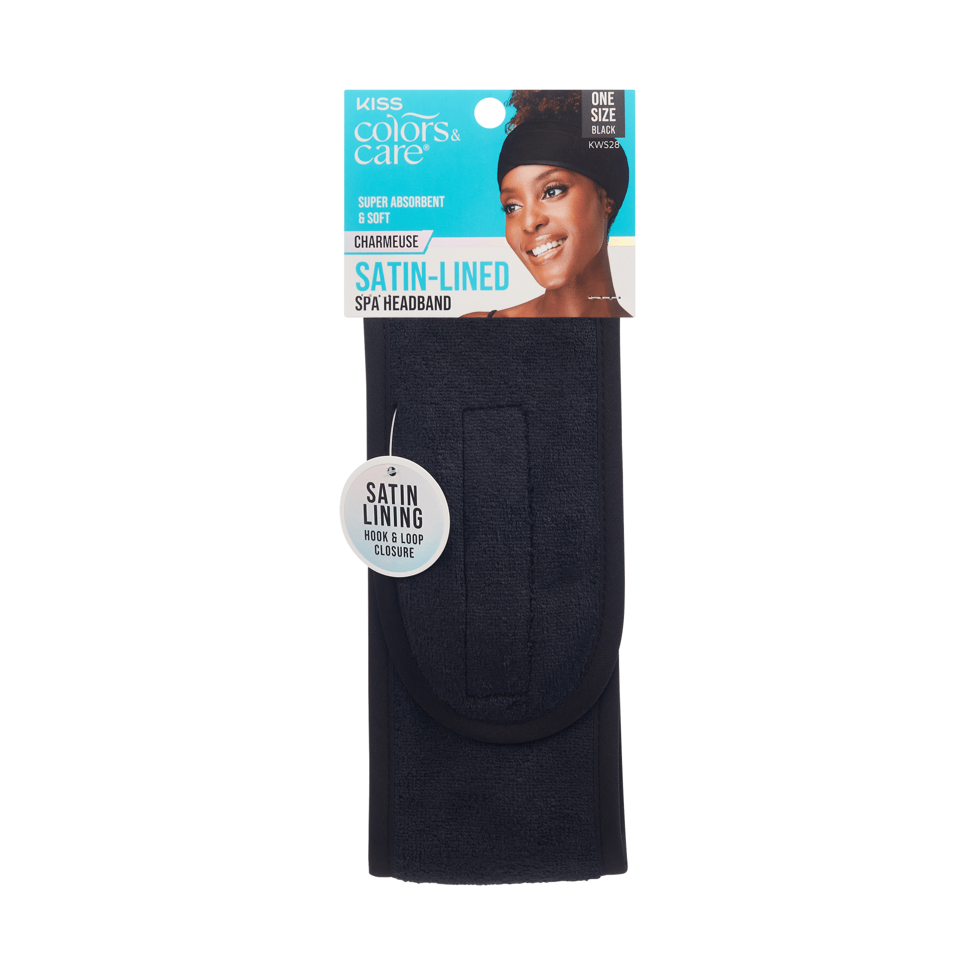 Black satin-lined spa headband packaged with a smiling woman wearing it. Text highlights "Super absorbent & soft," "Charmeuse satin-lined," and "One size."