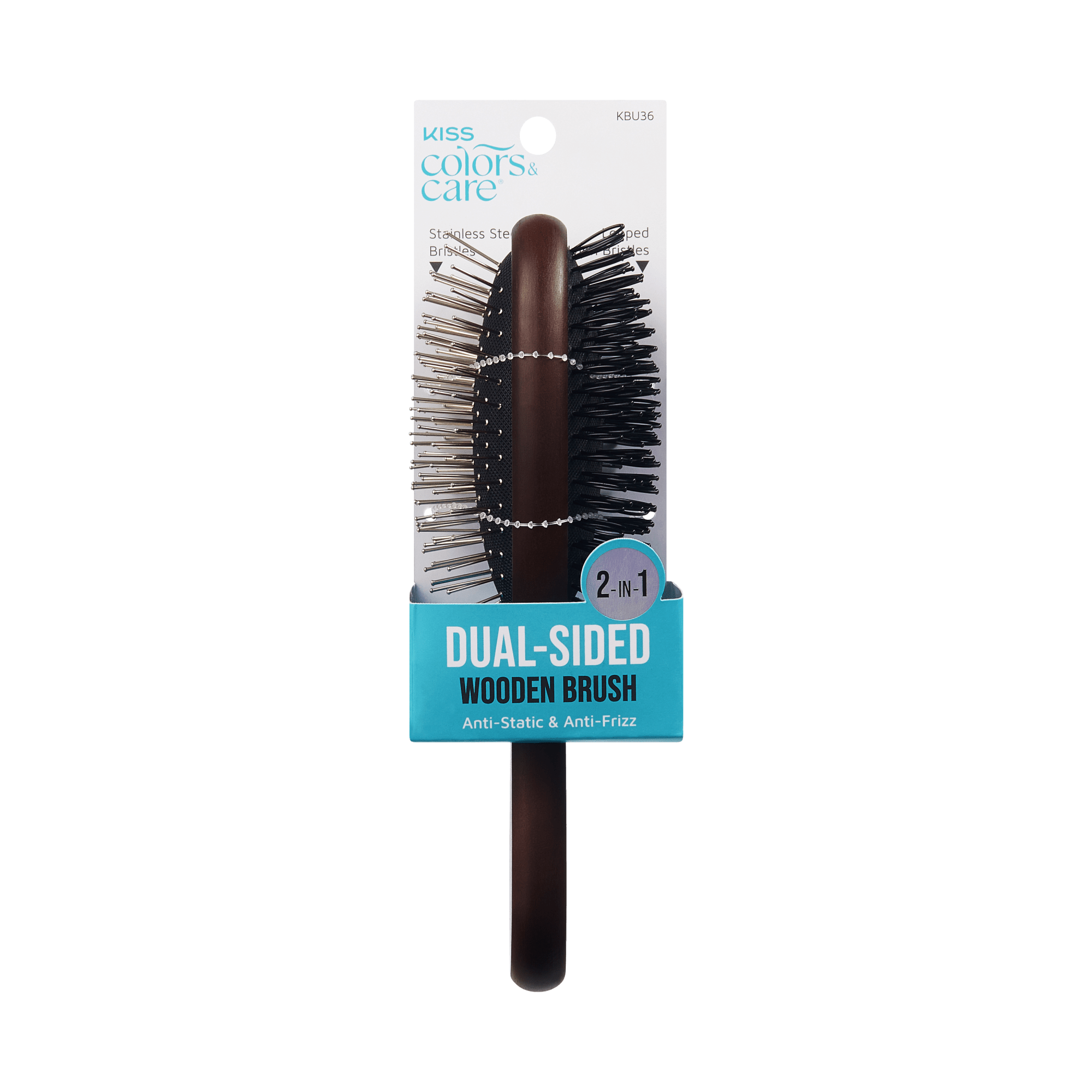 KISS Colors & Care dual-sided wooden wig brush with stainless steel and plastic bristles, labeled 2-in-1, anti-static and anti-frizz.
