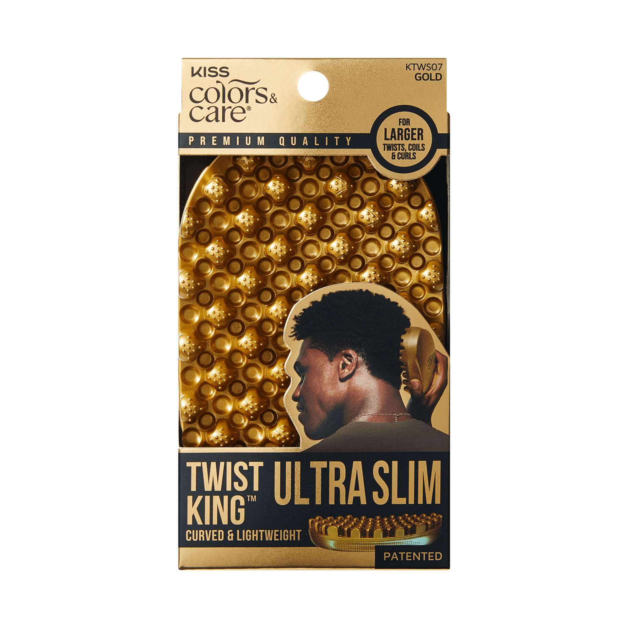 KISS Colors & Care Ultra Slim Twist King hair brush in gold with textured surface, shown in packaging featuring a man using the curved, lightweight tool for larger twists, coils, and curls.