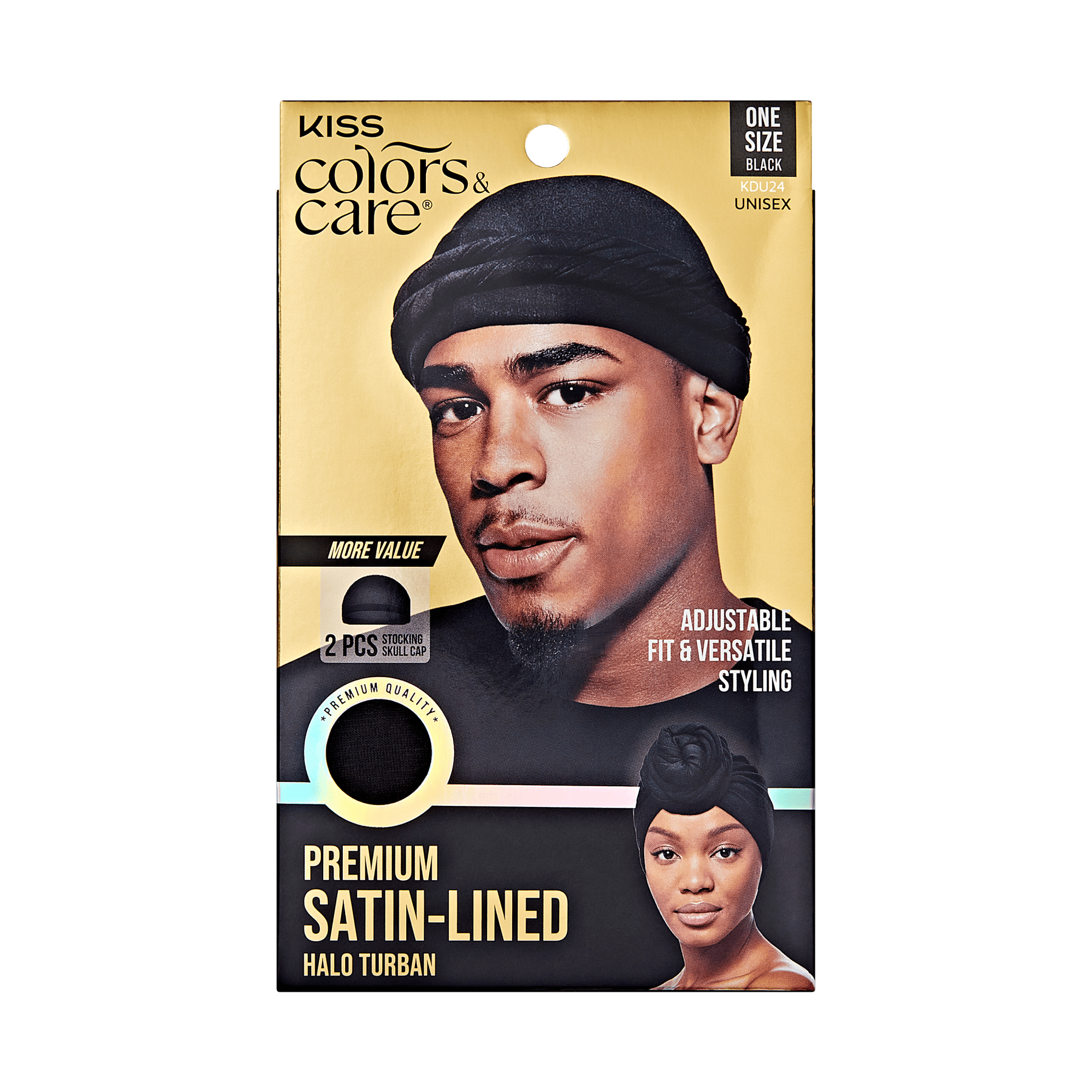 KISS Colors & Care packaging with a man wearing a black satin-lined halo turban and a woman with a tied turban; includes 2 stocking skull caps, one size.