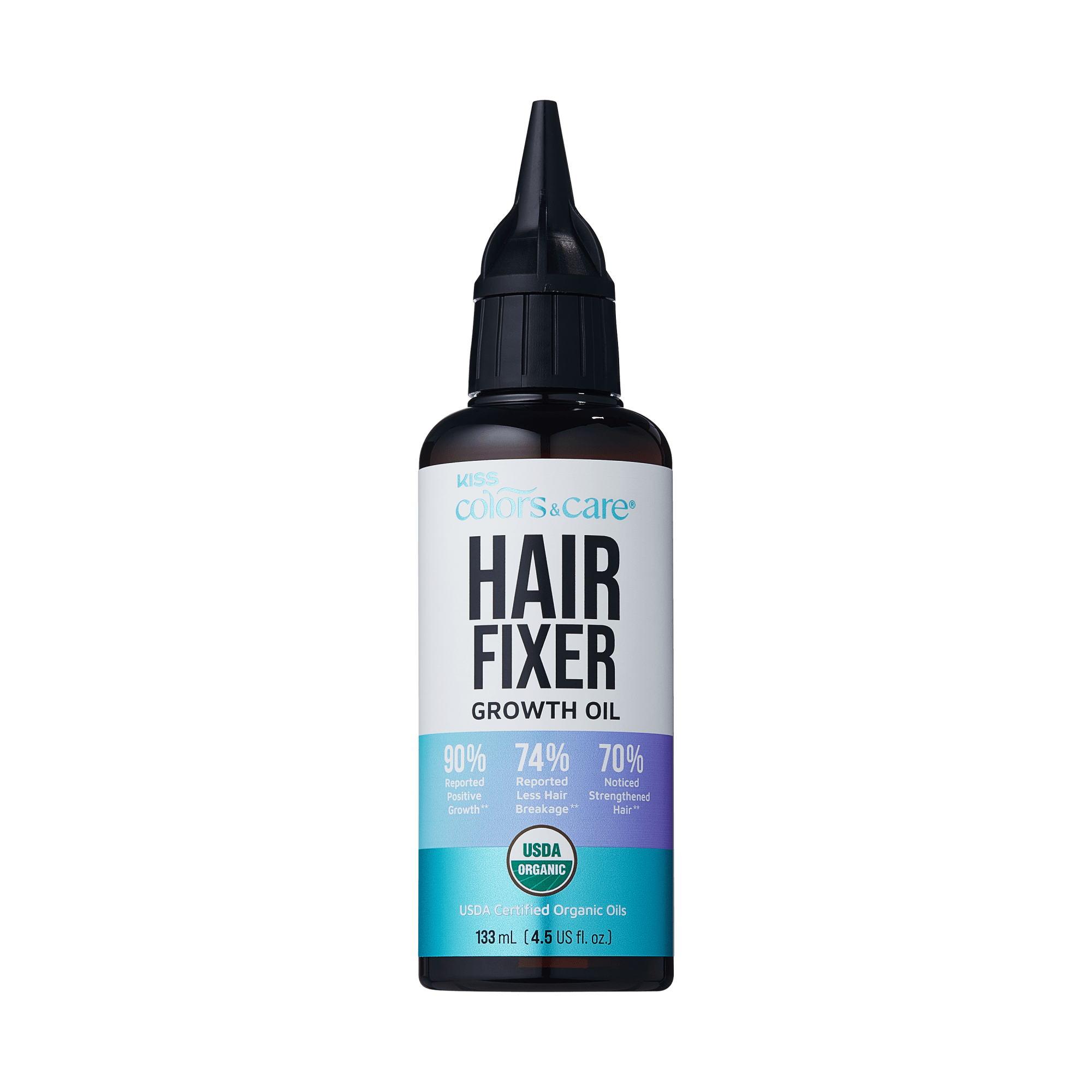 Dark brown bottle with black pointed cap, labeled "Kiss Colors & Care Hair Fixer Growth Oil" featuring claims of 90% reported growth, 74% less breakage, USDA Organic certified.