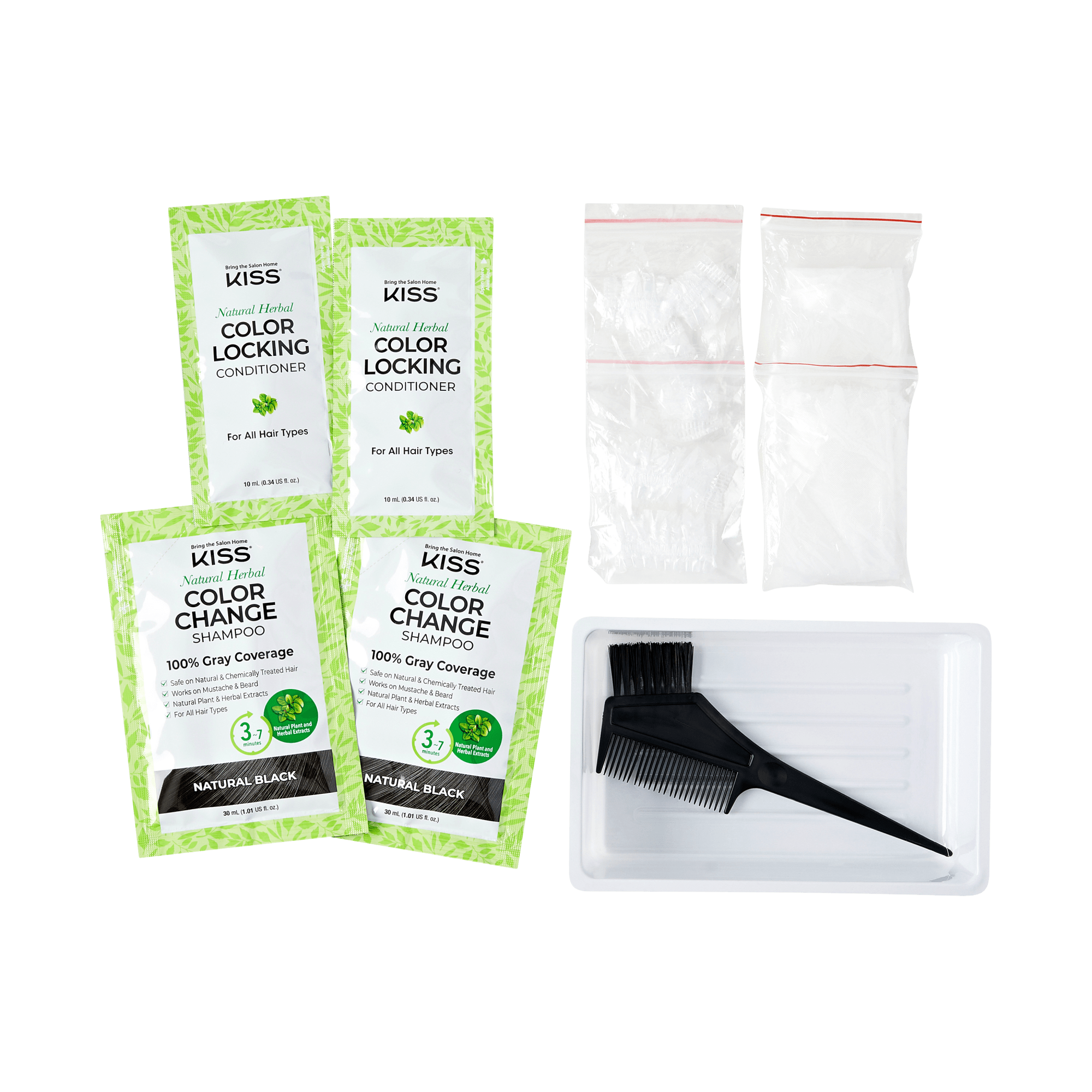 KISS Color Change Shampoo and Color Locking Conditioner sachets in Natural Black, with applicator brush, gloves, and mixing tray, 100% gray coverage.