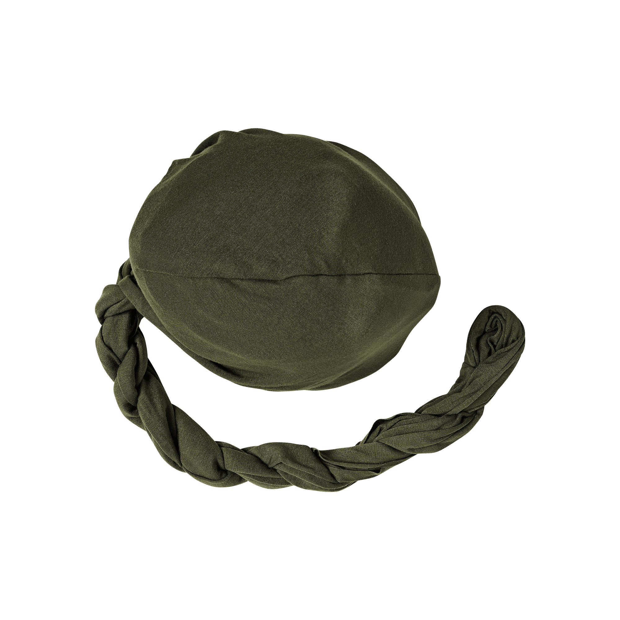Olive green premium satin-lined halo turban with a pre-tied braided detail, shown flat against a white background.