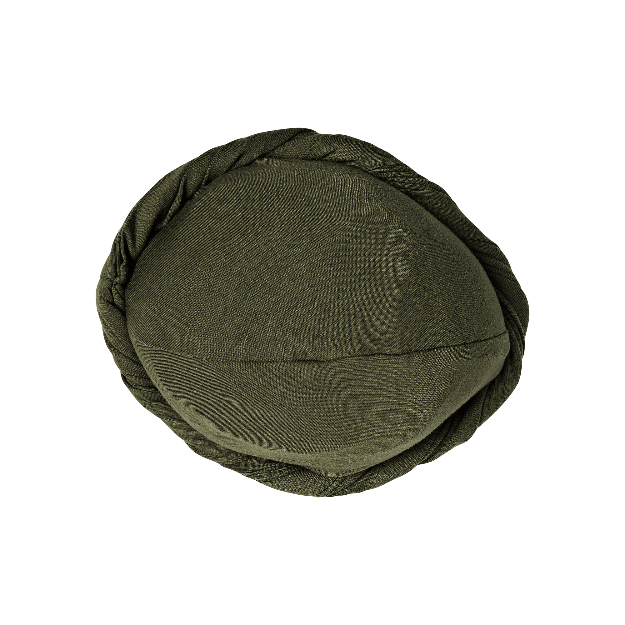 Olive green premium satin-lined halo turban in a pre-tied, twisted design, shown from a top flat-lay view.