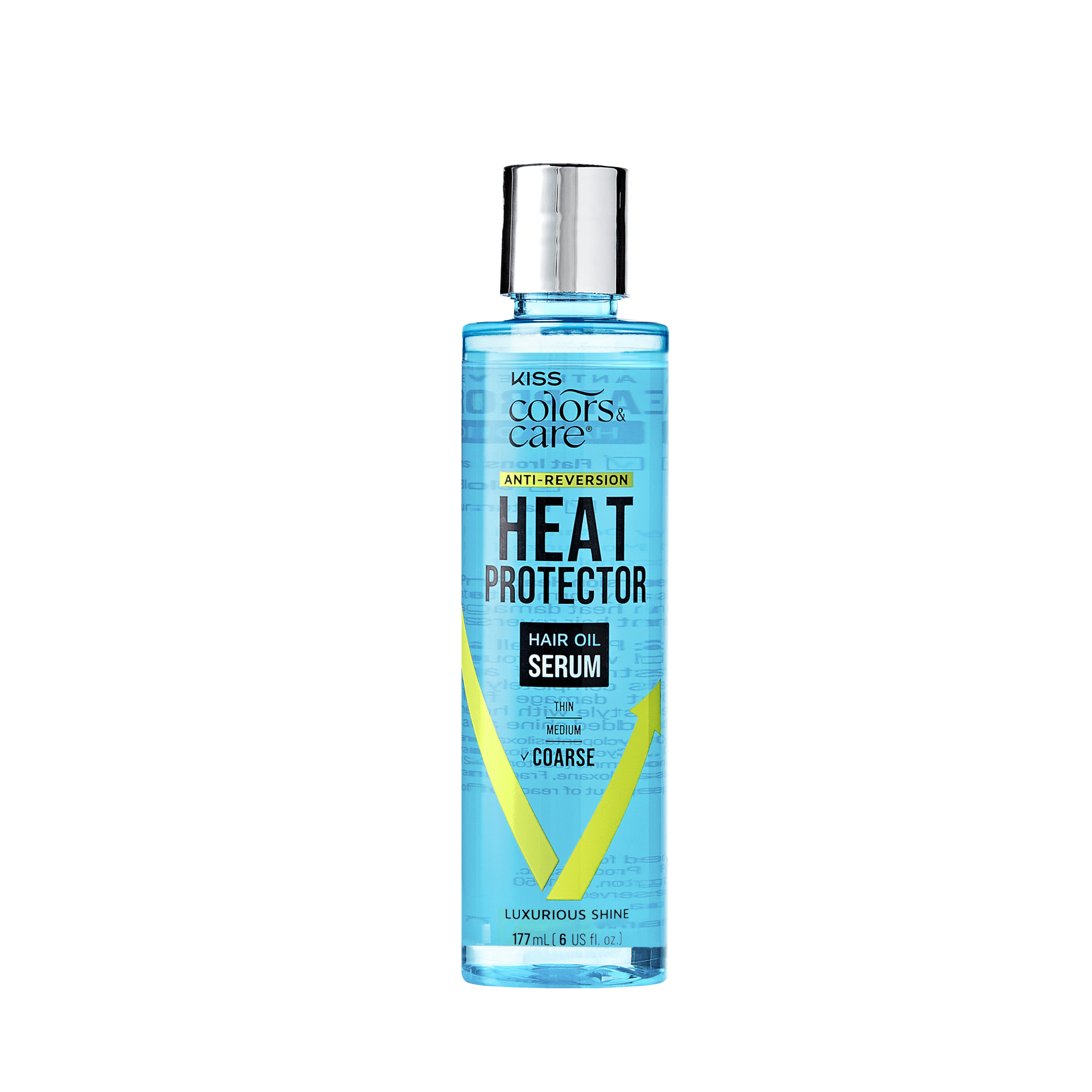Tall transparent blue bottle with a silver cap labeled KISS Colors & Care Anti-Reversion Heat Protector Hair Oil Serum, for thin to coarse hair, 177 ml.