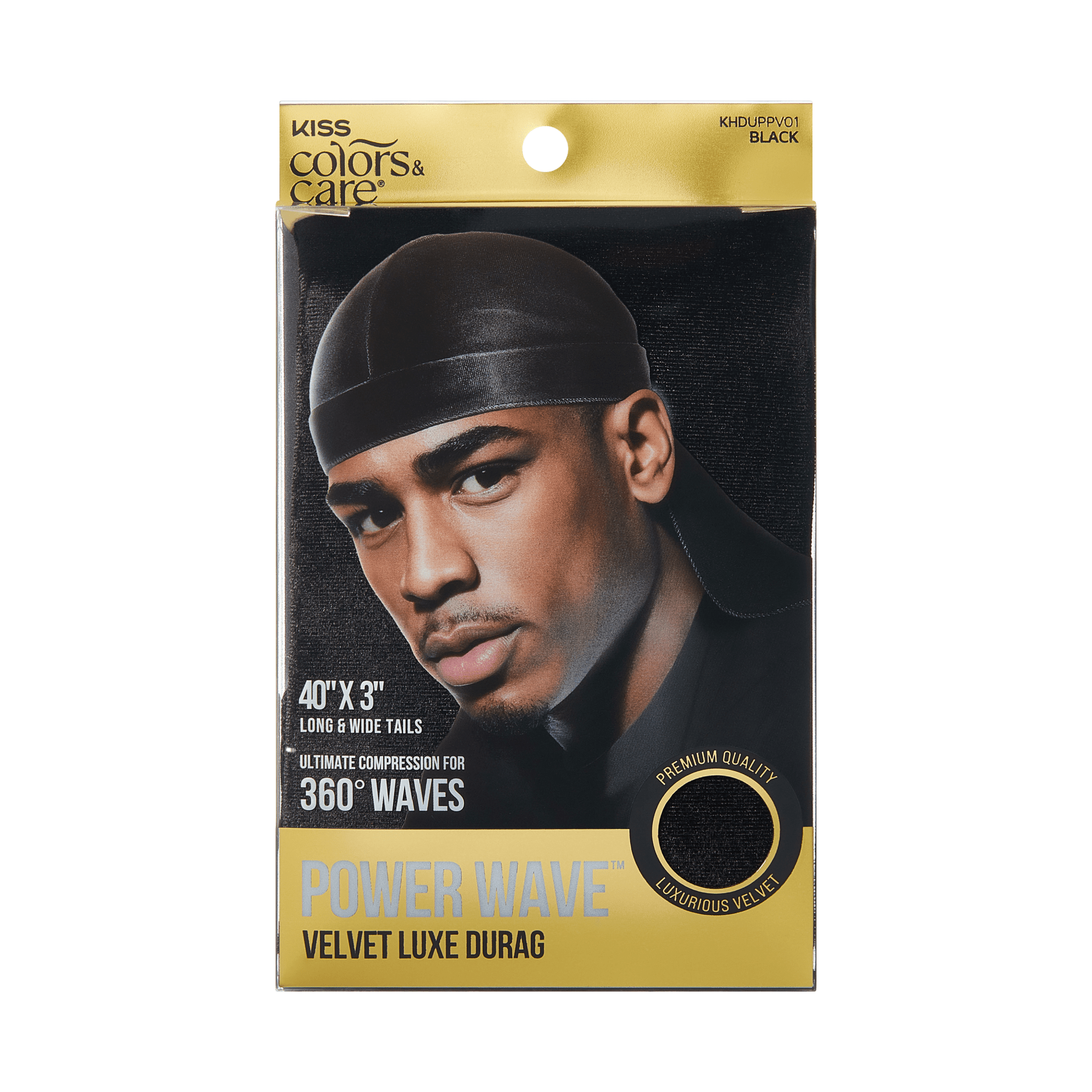 Black velvet durag with long wide tails, shown on a man, packaged in gold and black with text highlighting "Power Wave Velvet Luxe Durag" and "Ultimate compression for 360° waves."