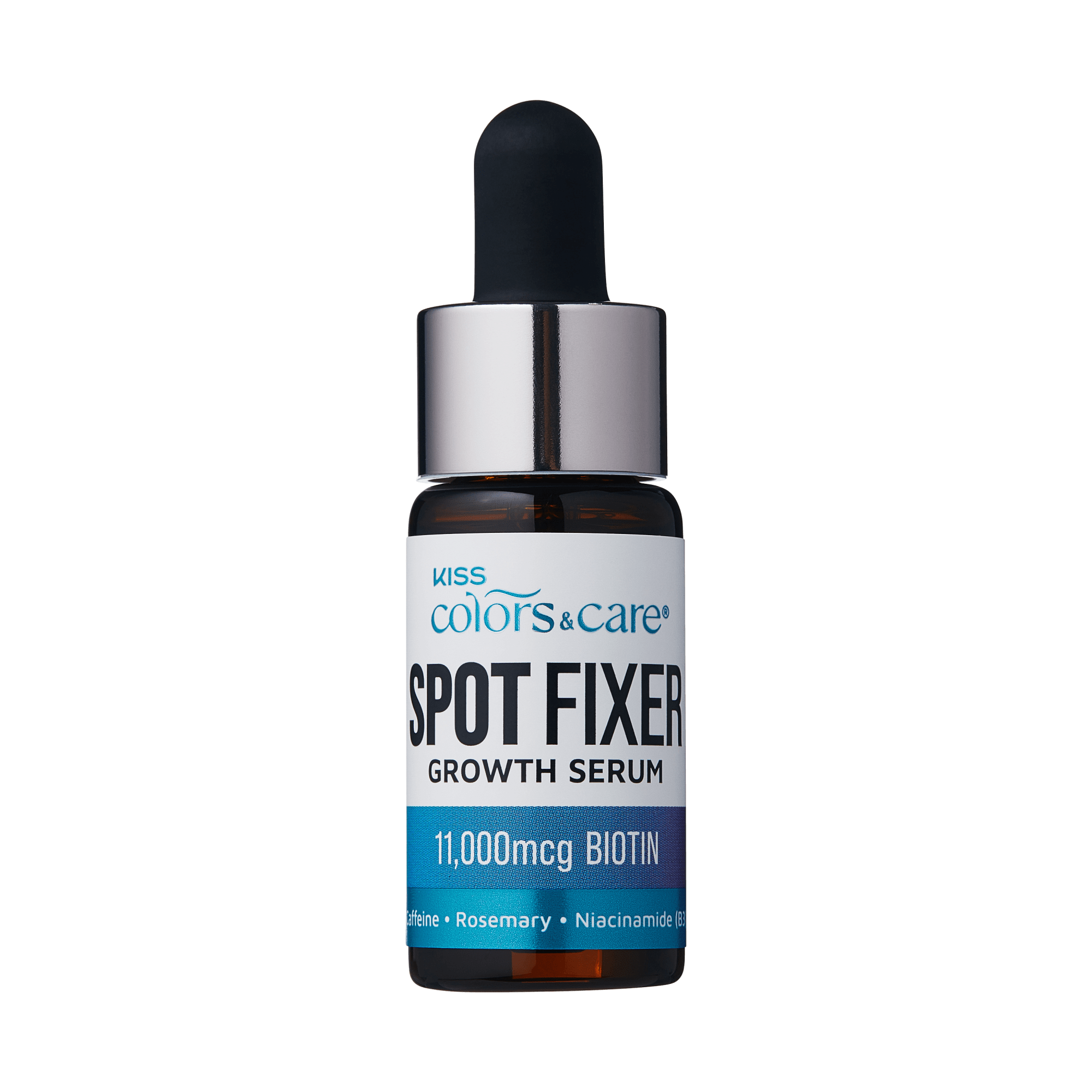 Small amber glass dropper bottle with a white and blue label reading "Kiss Colors & Care Spot Fixer Growth Serum," highlighting "11,000 mcg Biotin" and ingredients caffeine, rosemary, and niacinamide.