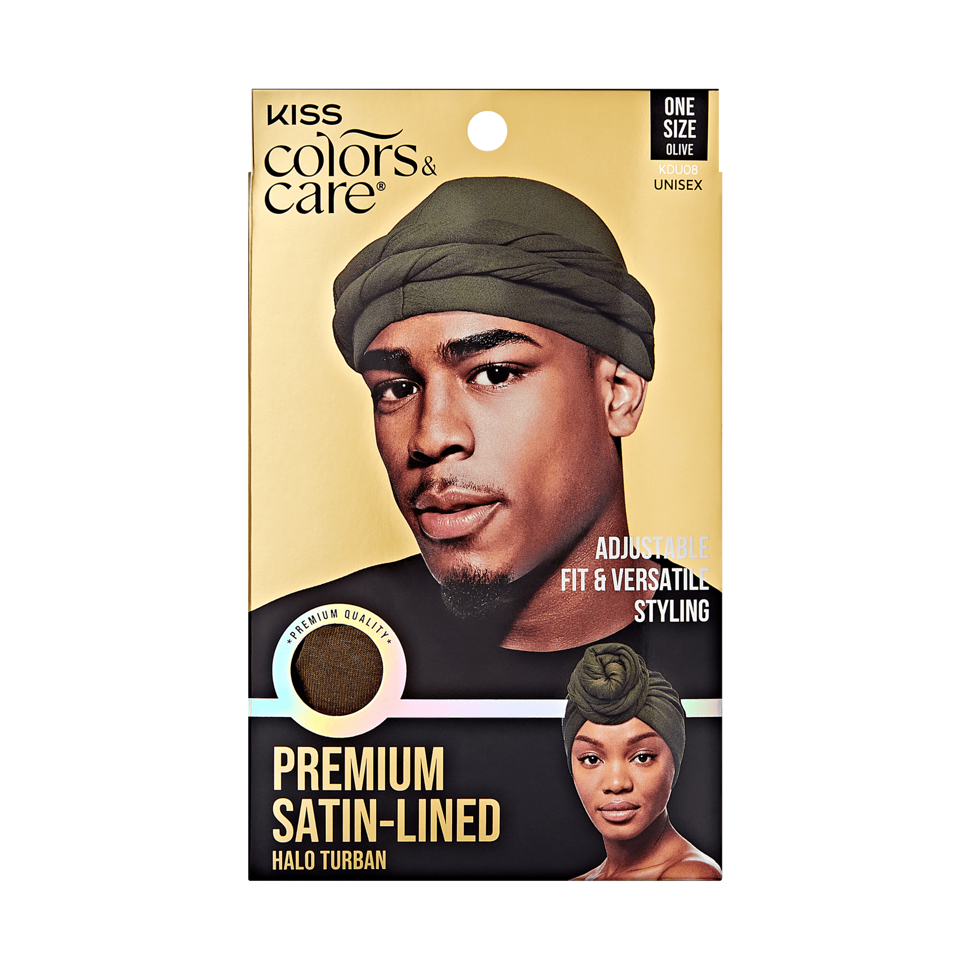 KISS Colors & Care packaging showing olive satin-lined halo turban worn by man and woman, labeled "Adjustable fit & versatile styling."