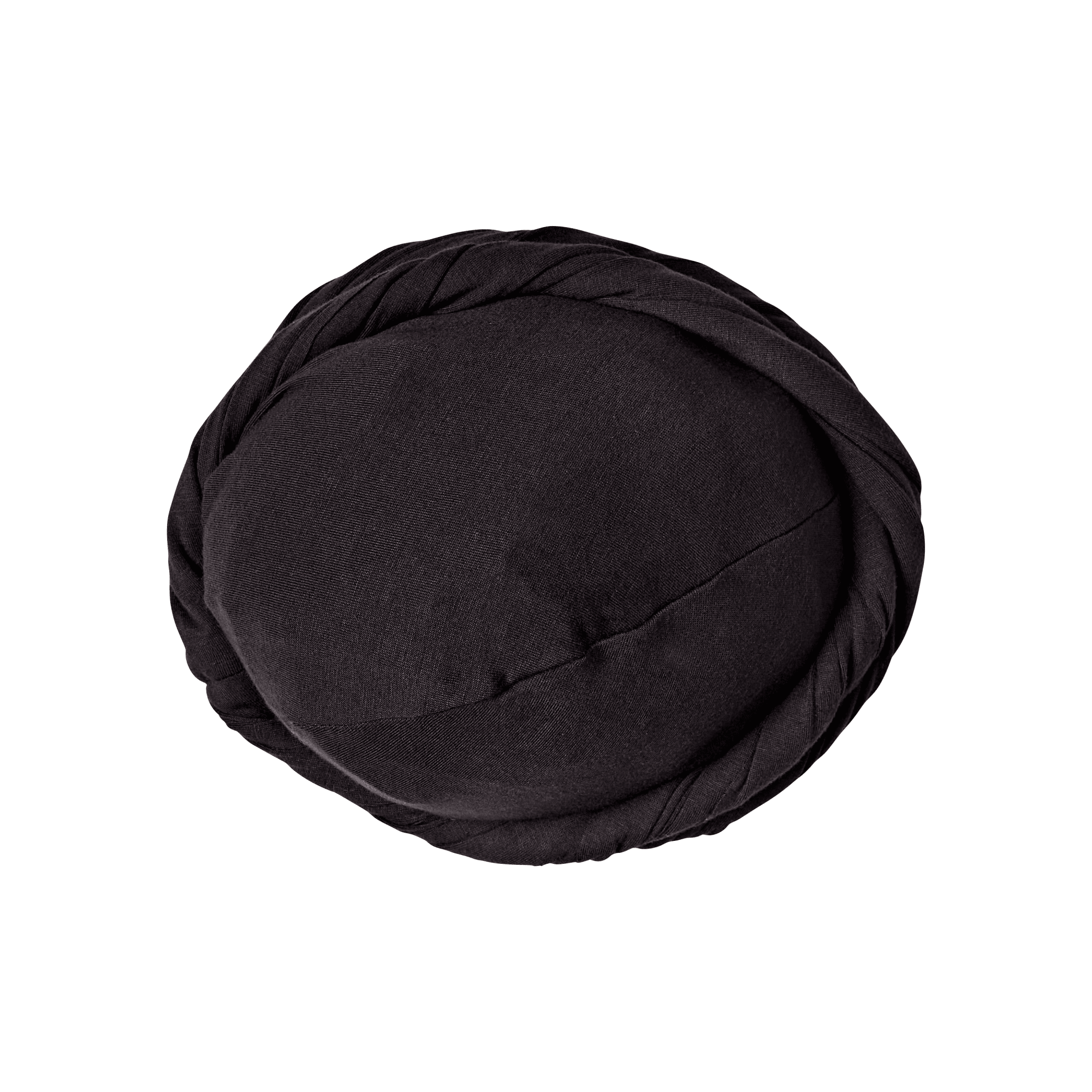 Black premium satin-lined halo turban with a twisted band design, shown from the top in a pre-tied one-size-fits-all style.