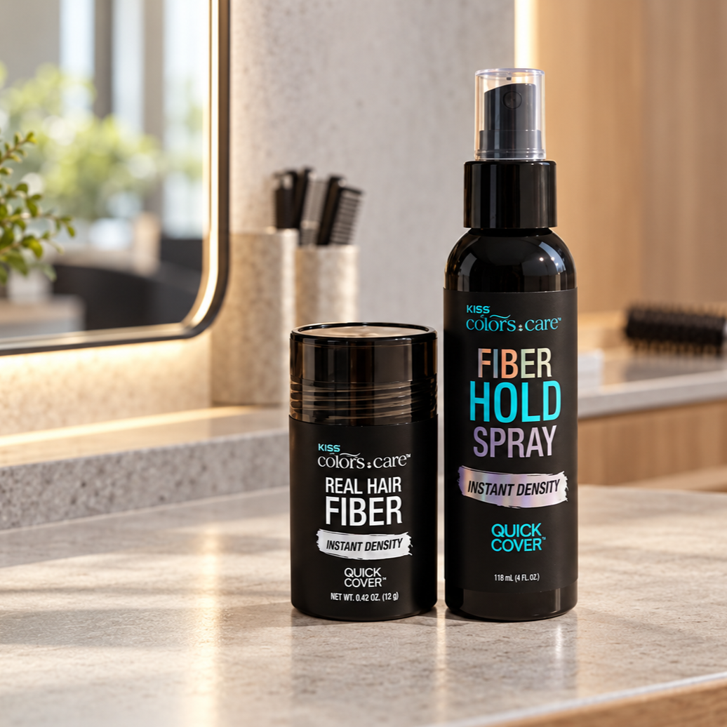 Kiss Colors & Care Real Hair Fiber & Fiber Hold Spray Set | Natural Black, Instant Density Duo, Quick Cover, Starter Kit, Hair Color