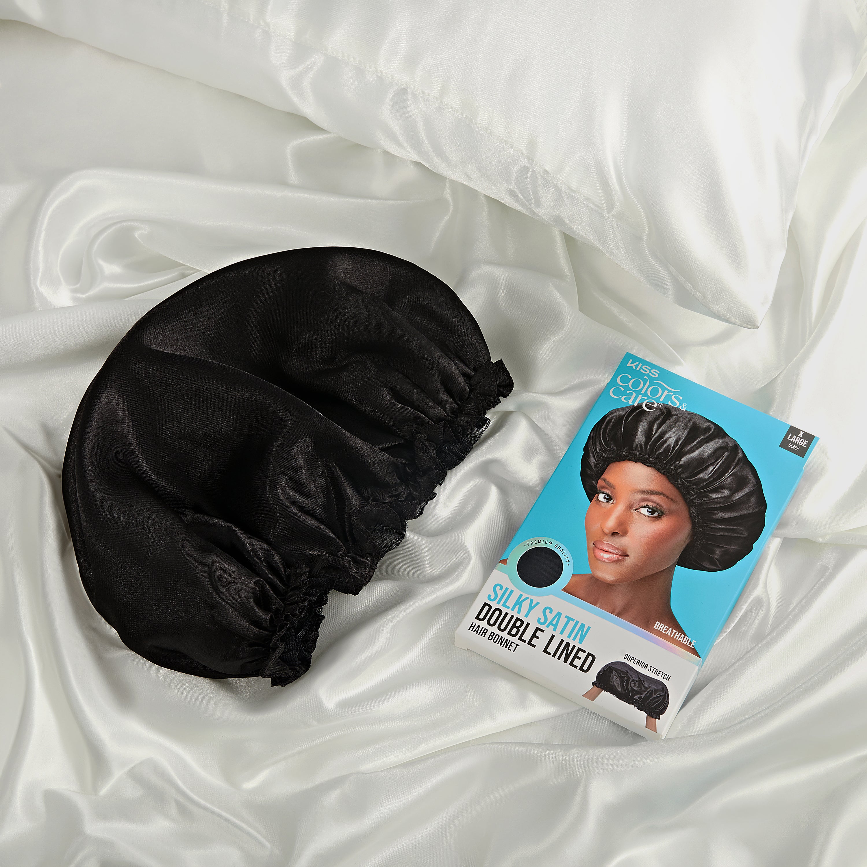 Kiss Colors & Care Silky Satin X-Large Bonnet Cap - Black | Extra-Large, Silk Bonnet, Sleep Bonnet, Hair Accessories