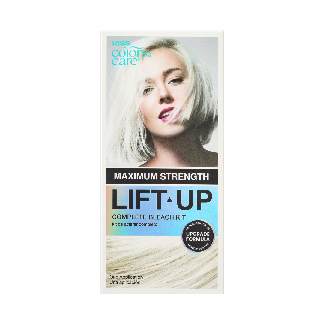 Kiss Color Care Lift-Up Maximum Strength Complete Bleach Kit packaging, featuring a model with light blonde hair and a swatch of bleached hair on a white background.