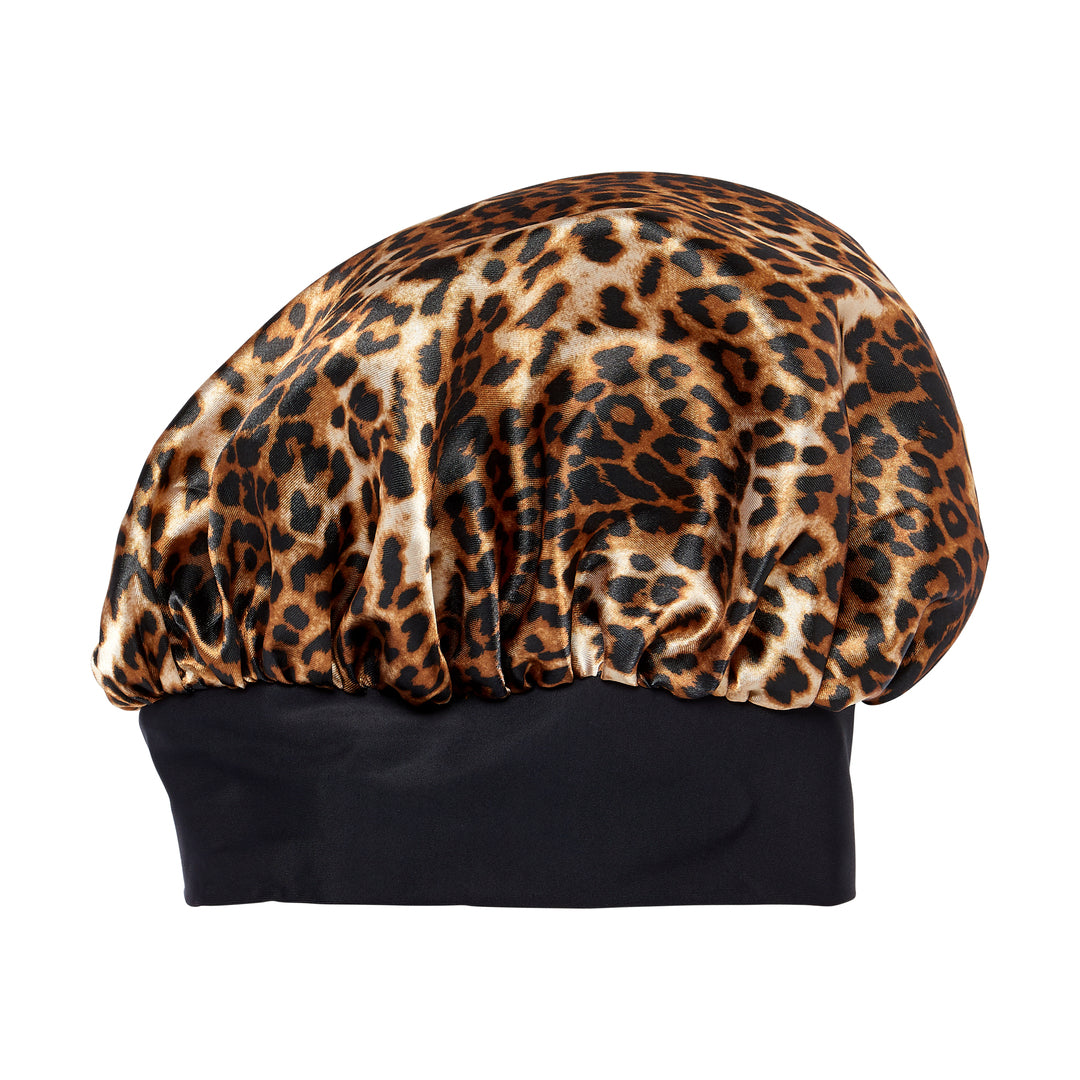 Silky satin double wear cap with leopard print top and black band, shown against white background, designed for extra-large size.