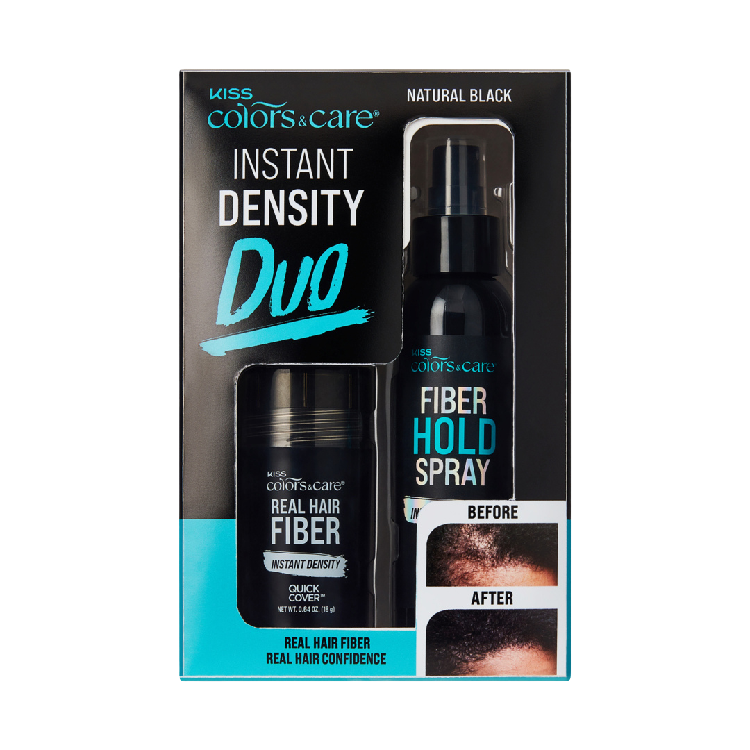 Kiss Colors & Care Real Hair Fiber & Fiber Hold Spray Set | Natural Black, Instant Density Duo, Quick Cover, Starter Kit, Hair Color