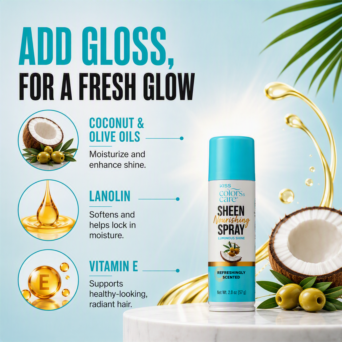 Kiss Colors & Care Nourishing Sheen Spray for Luminous Shine | Travel Size, 2 US fl. oz, Hair Care