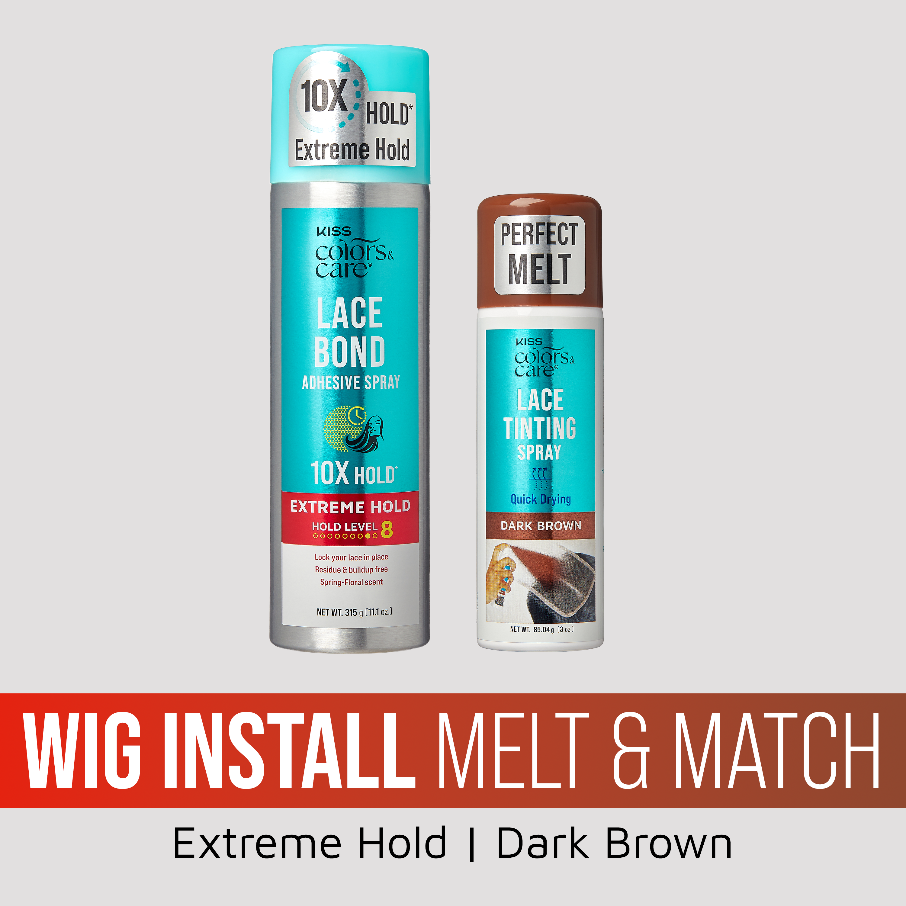 Kiss Colors & Care Wig Install Melt & Match Bundle - Extreme Hold Lace Bond & Dark Brown Lace Tinting Spray