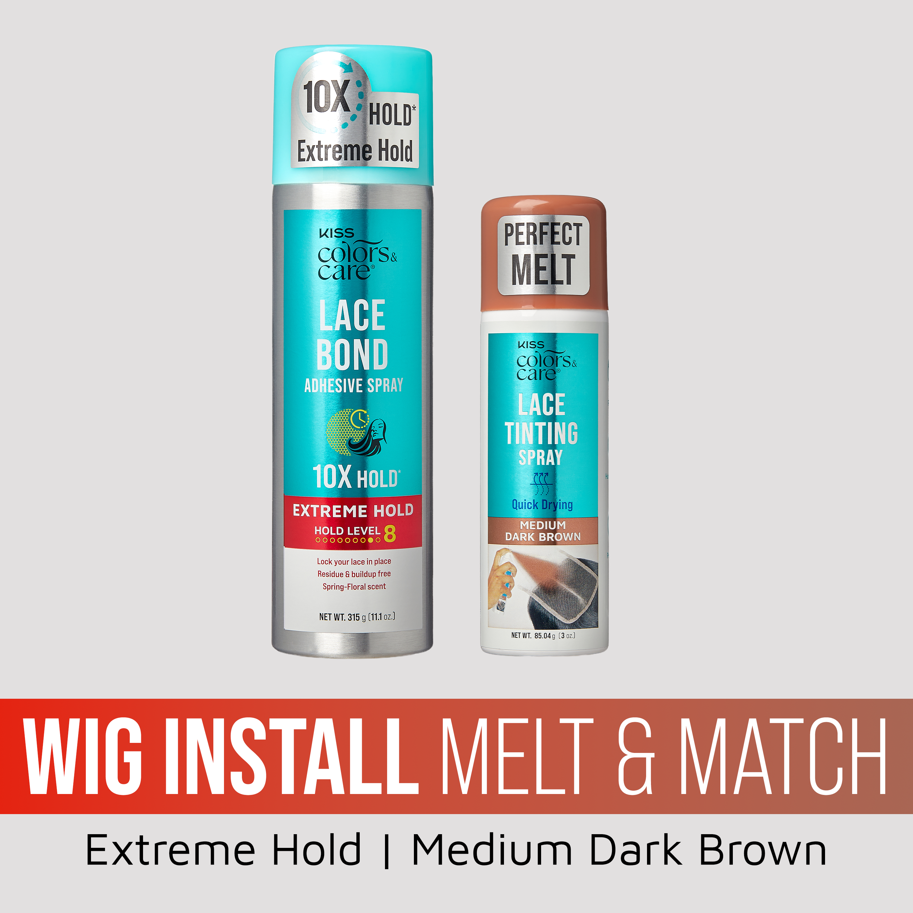 Kiss Colors & Care Wig Install Melt & Match Bundle - Extreme Hold Lace Bond Adhesive Spray & Medium Dark Brown Lace Tinting Spray