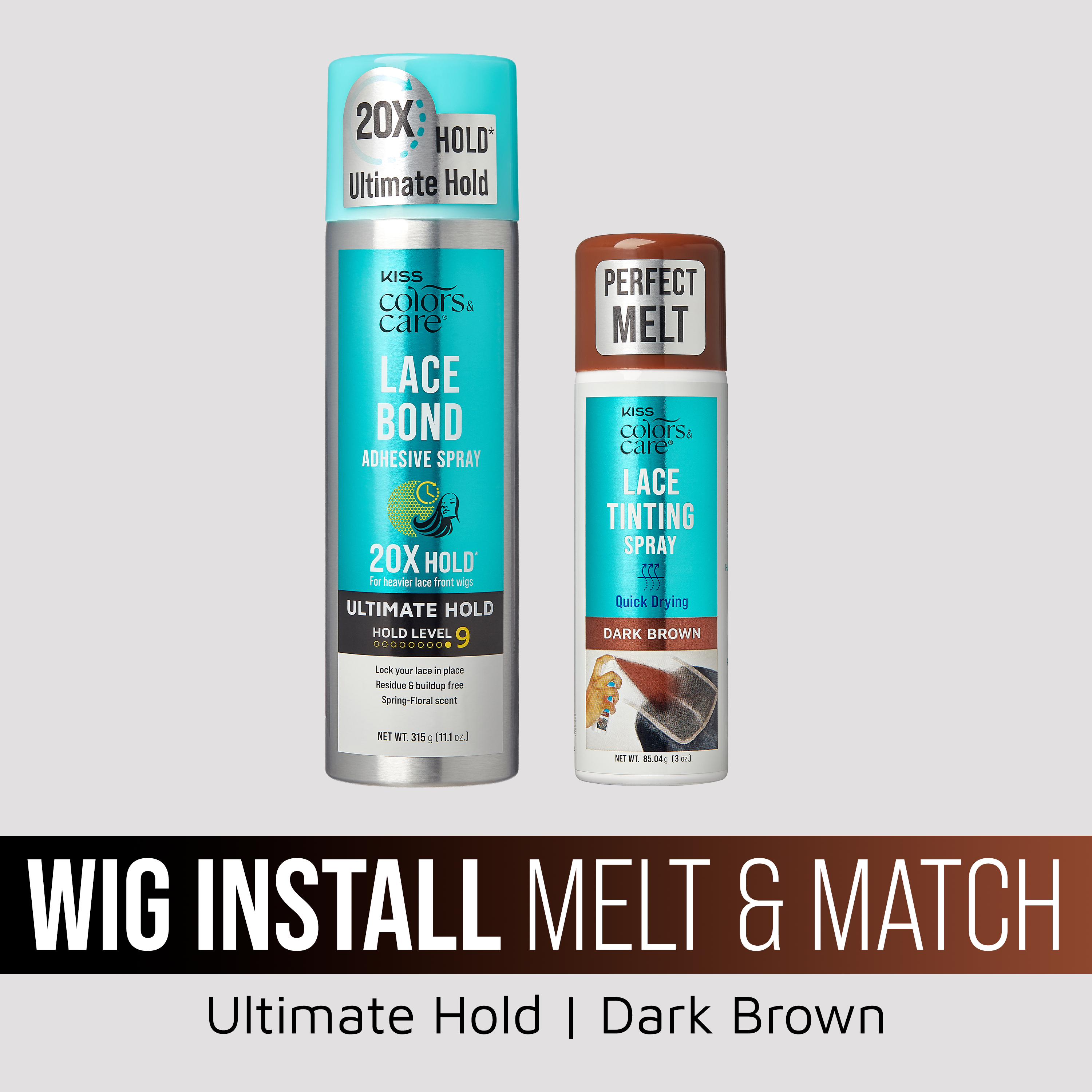 Kiss Colors & Care Wig Install Melt & Match Bundle - Ultimate Hold Lace Bond Adhesive Spray & Dark Brown Lace Tinting Spray