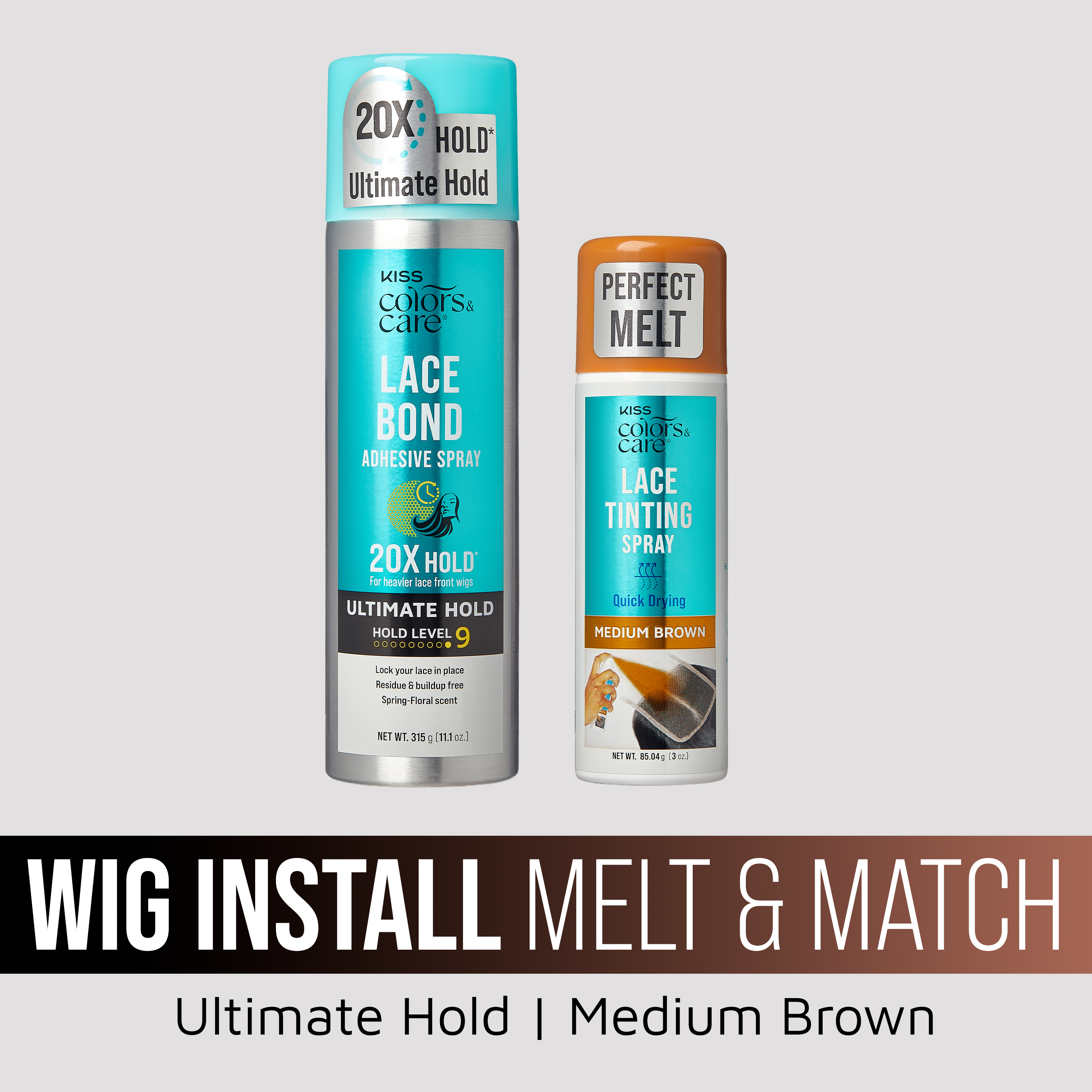 Kiss Colors & Care Wig Install Melt & Match Bundle - Ultimate Hold Lace Bond & Medium Brown Lace Tinting Spray