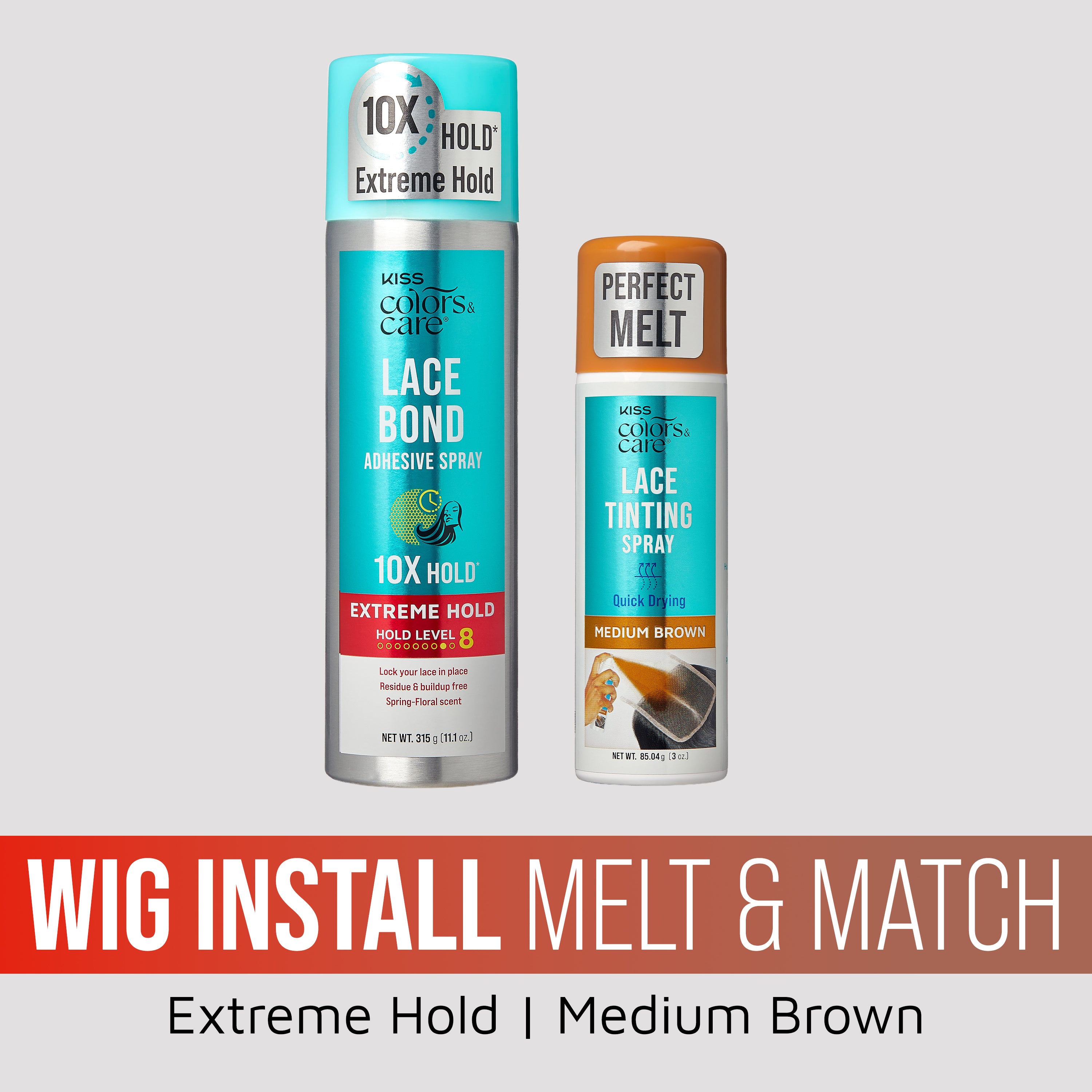Kiss Colors & Care Wig Install Melt & Match Bundle - Extreme Hold Lace Bond & Medium Brown Lace Tinting Spray