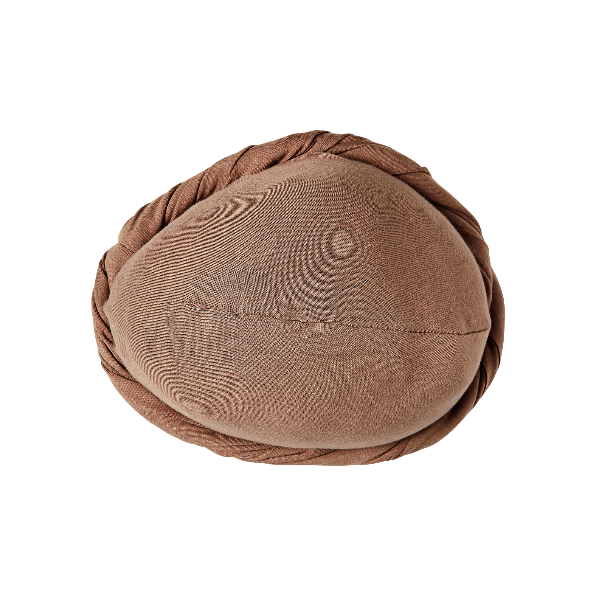 Taupe-colored premium satin-lined halo turban, pre-tied with a twisted band detail, shown from a top-down view.