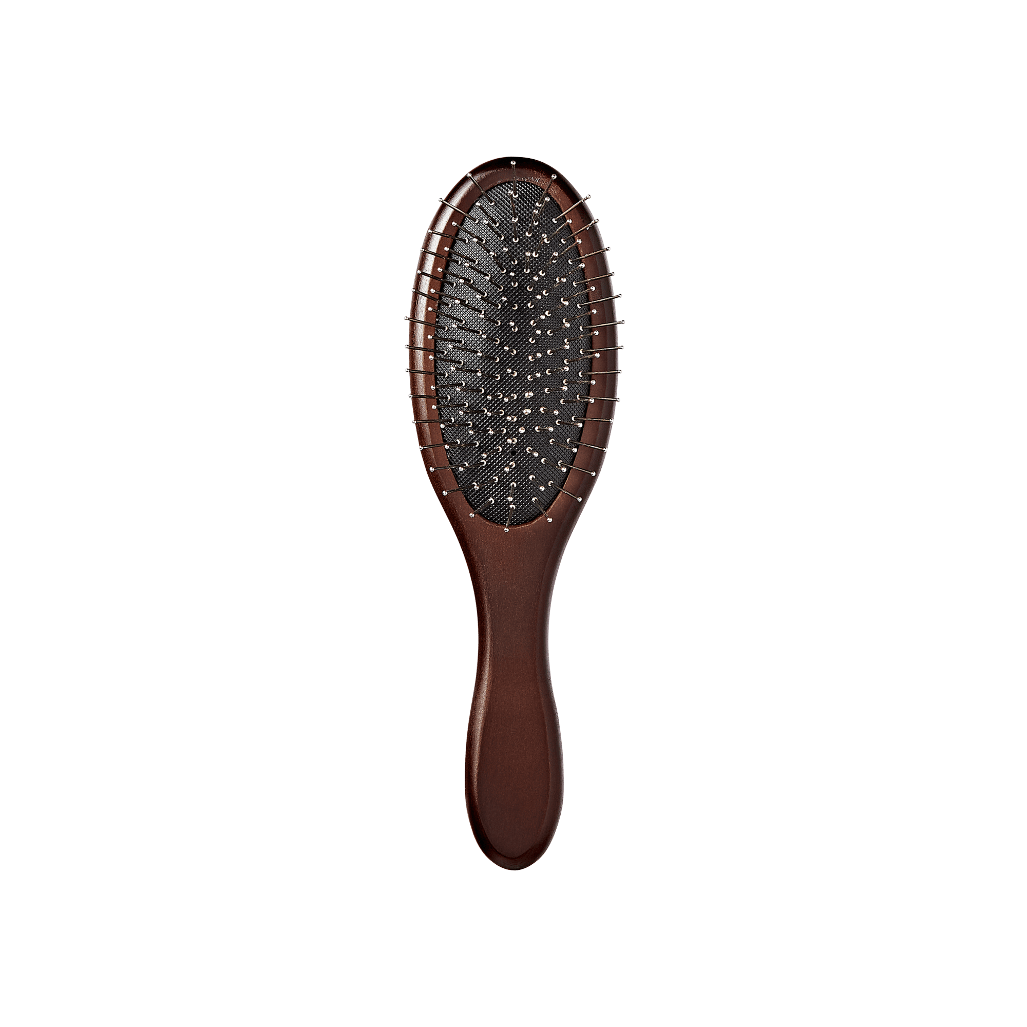 Dark brown wooden wig brush with dual-sided design, metal-tipped pins on black cushioned base, shown from the bristle side.