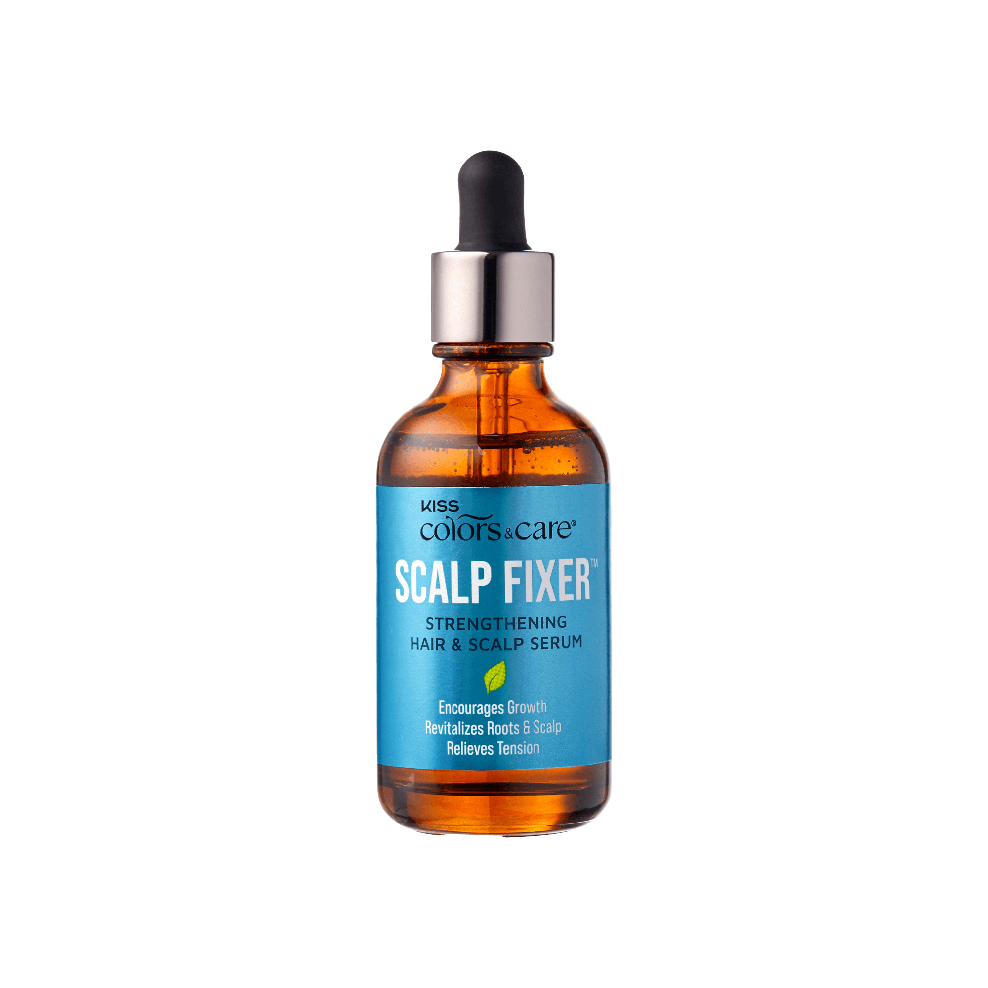 Amber dropper bottle with a blue label reading "Scalp Fixer Strengthening Hair & Scalp Serum," claims to encourage growth, revitalize roots, and relieve tension.