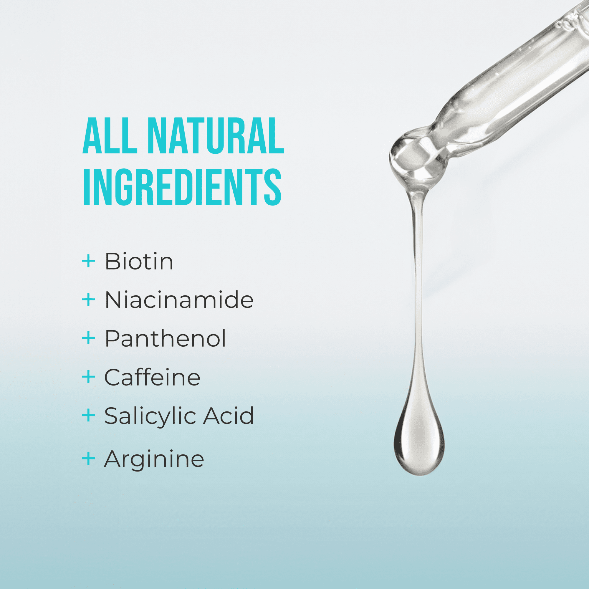 Clear liquid dropper dispensing serum on a blue gradient background with text listing all natural ingredients including Biotin, Niacinamide, and Caffeine.