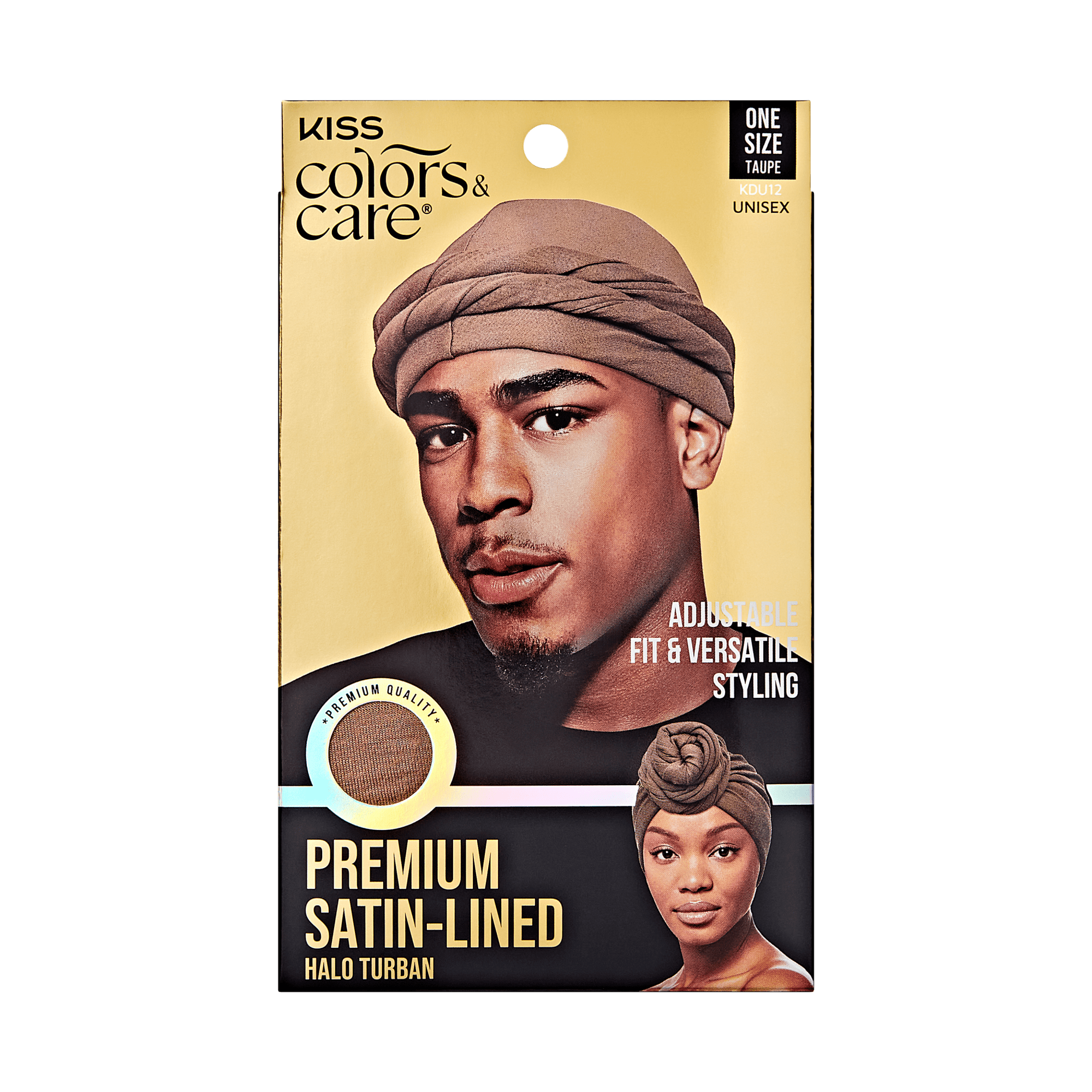 KISS Colors & Care packaging showing taupe satin-lined halo turban on man and woman, labeled premium quality, adjustable fit, one size unisex.