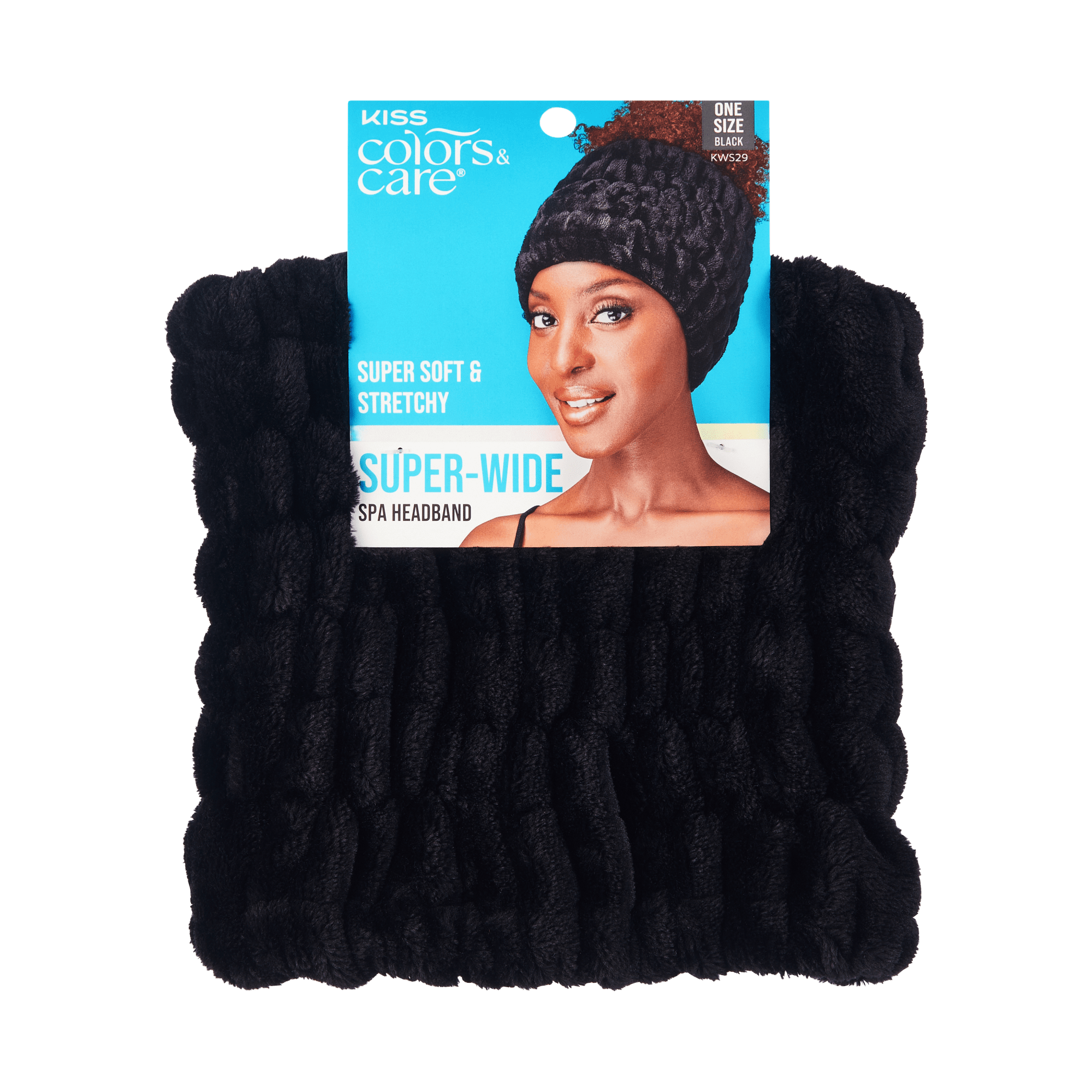 Black super-wide spa headband with soft, stretchy texture shown on packaging featuring a smiling woman. Text highlights "Super Soft & Stretchy."