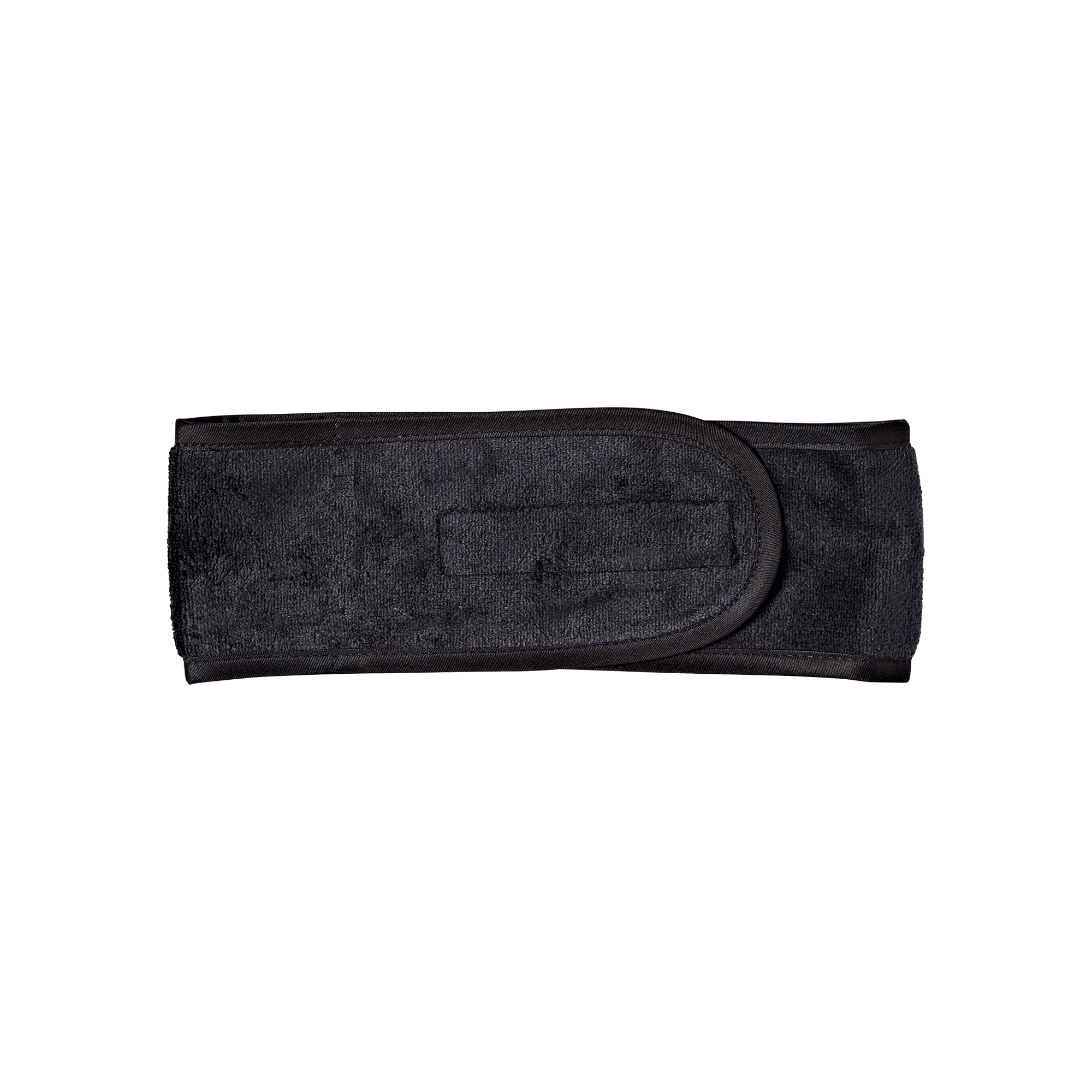 Black satin-lined spa headband with a soft, terry exterior and an adjustable Velcro closure, shown flat against a white background.