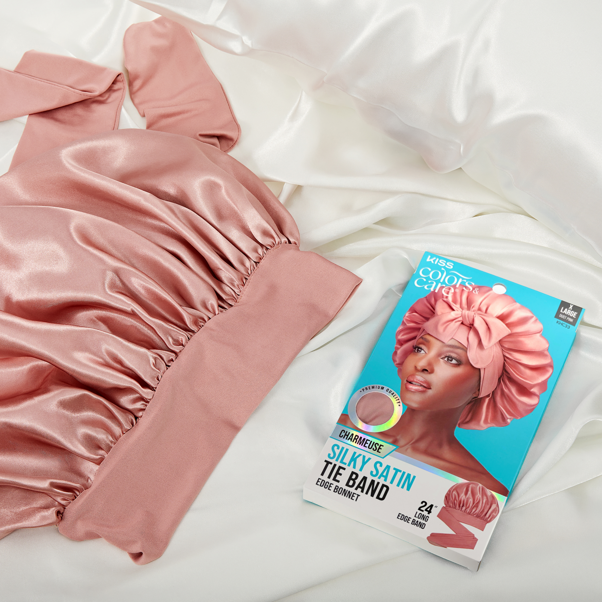 KISS Colors & Care Silky Satin Tie Band Bonnet, Pink, X-Large