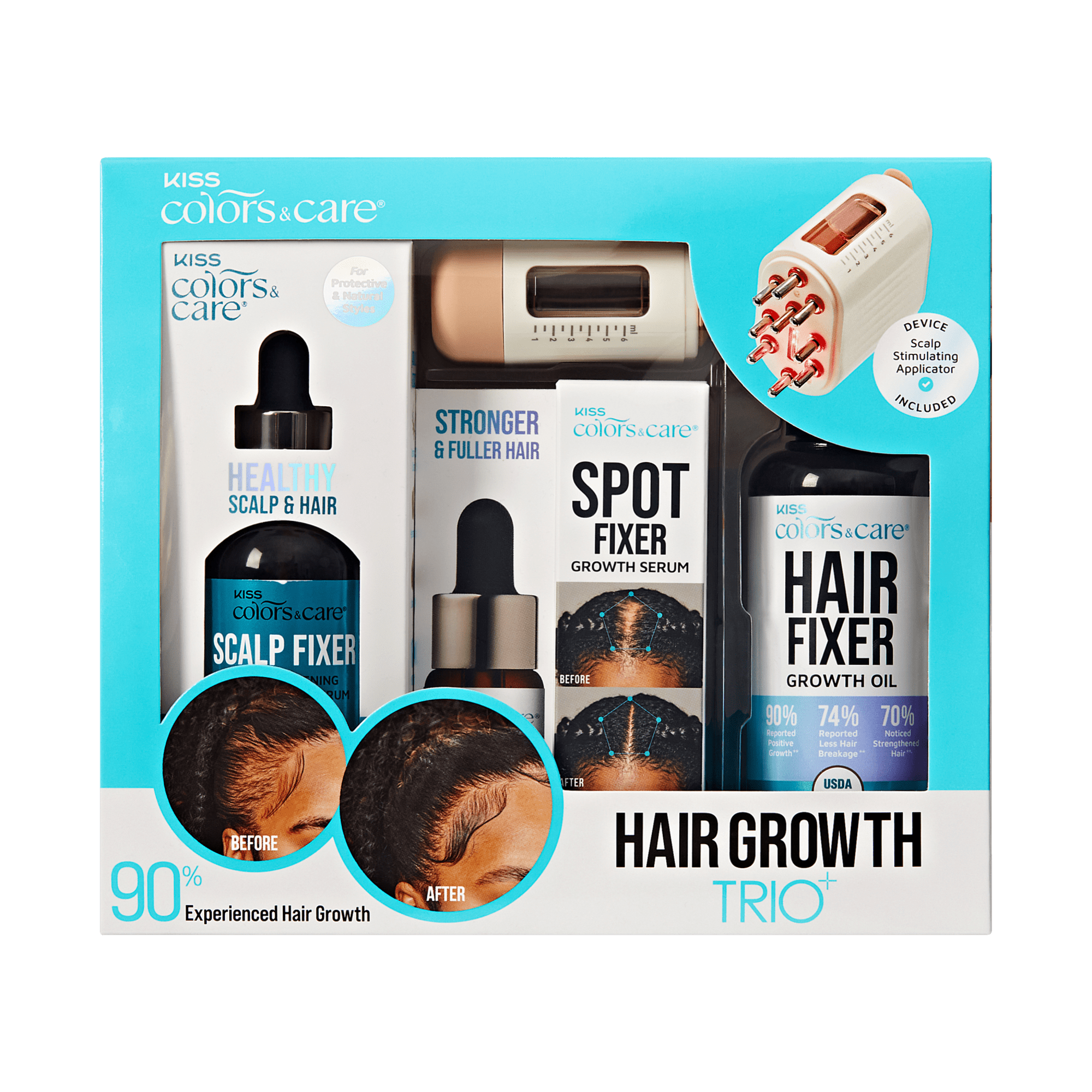 KISS Colors & Care Hair Growth Trio set with scalp fixer, spot fixer serum, hair growth oil, and scalp stimulating applicator. Before and after photos show fuller hair. Claims highlight 90% experienced hair growth.