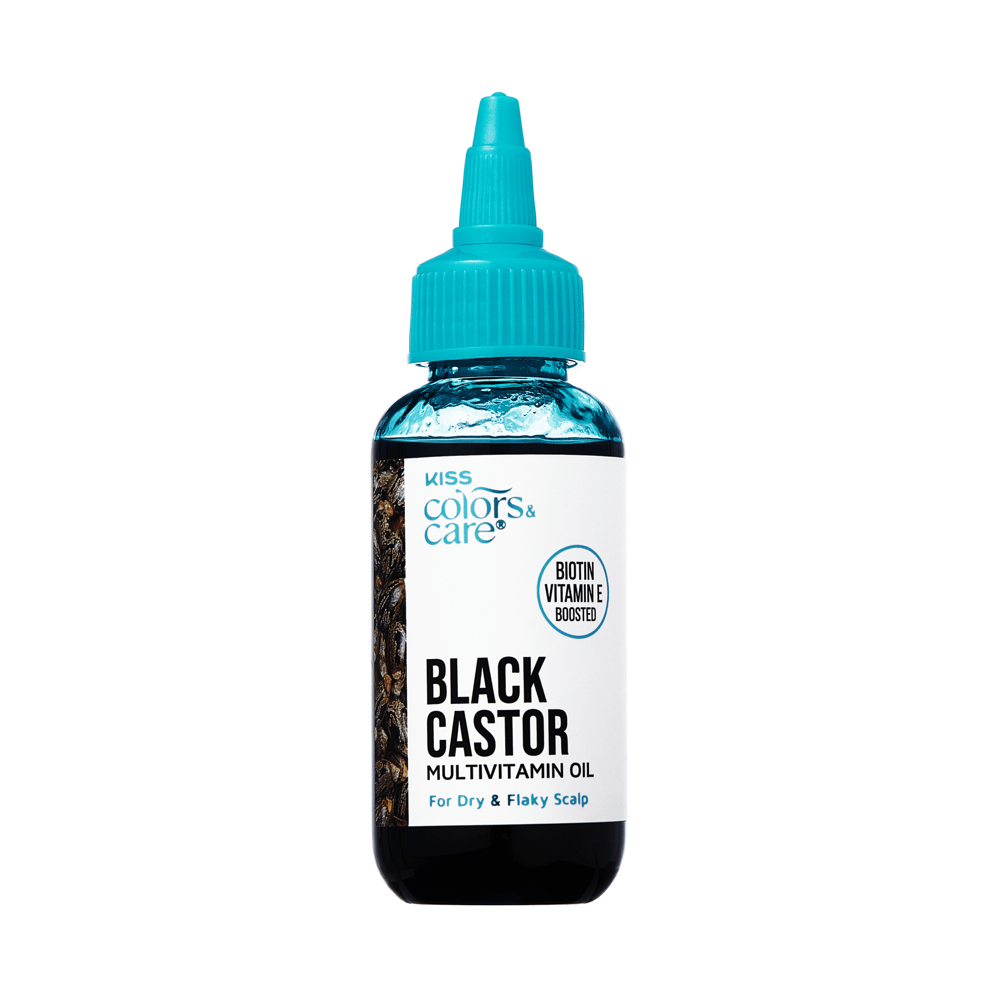KISS Colors & Care Black Castor Multivitamin Oil bottle with teal cap, label highlights biotin and vitamin E boost for dry, flaky scalp.