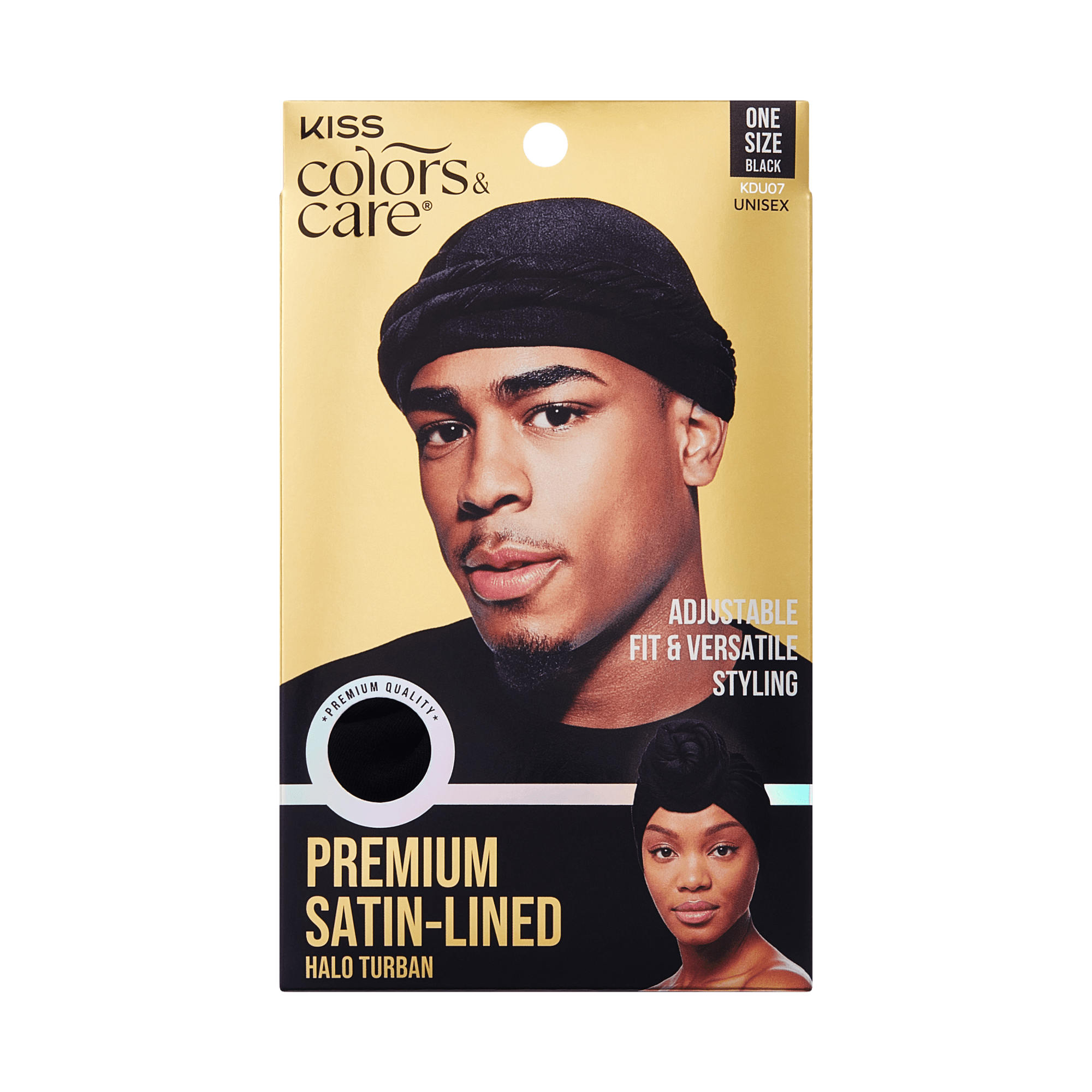 Packaging for KISS Colors & Care Premium Satin-Lined Halo Turban in black shows a man and woman wearing the turban, labeled “Adjustable fit & versatile styling” and “One size black unisex.”