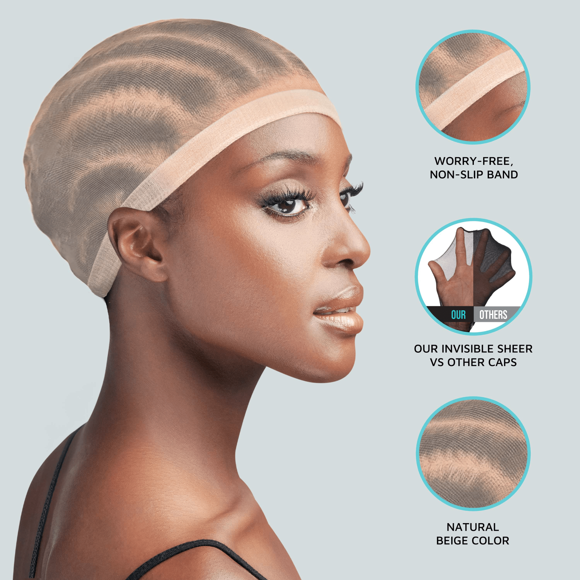 Profile of a woman wearing a beige sheer stocking wig cap with close-ups showing a worry-free non-slip band, comparison of invisible sheer vs other caps, and natural beige color.