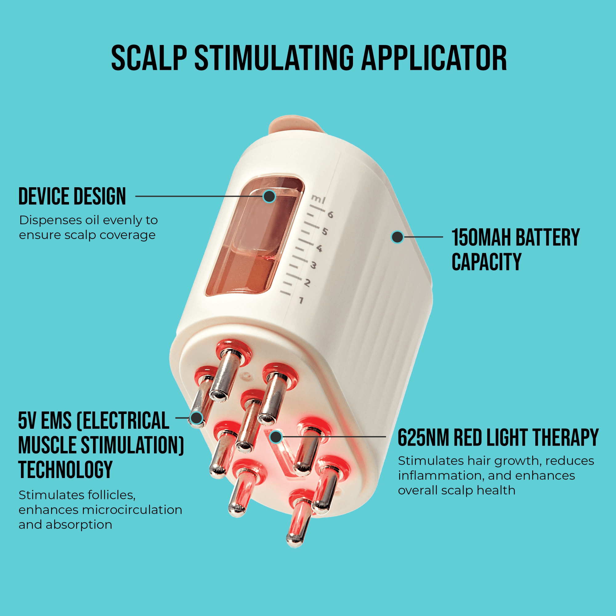 White scalp stimulating applicator with red light therapy tips, volume indicator, and ergonomic design for even oil dispensing and muscle stimulation.