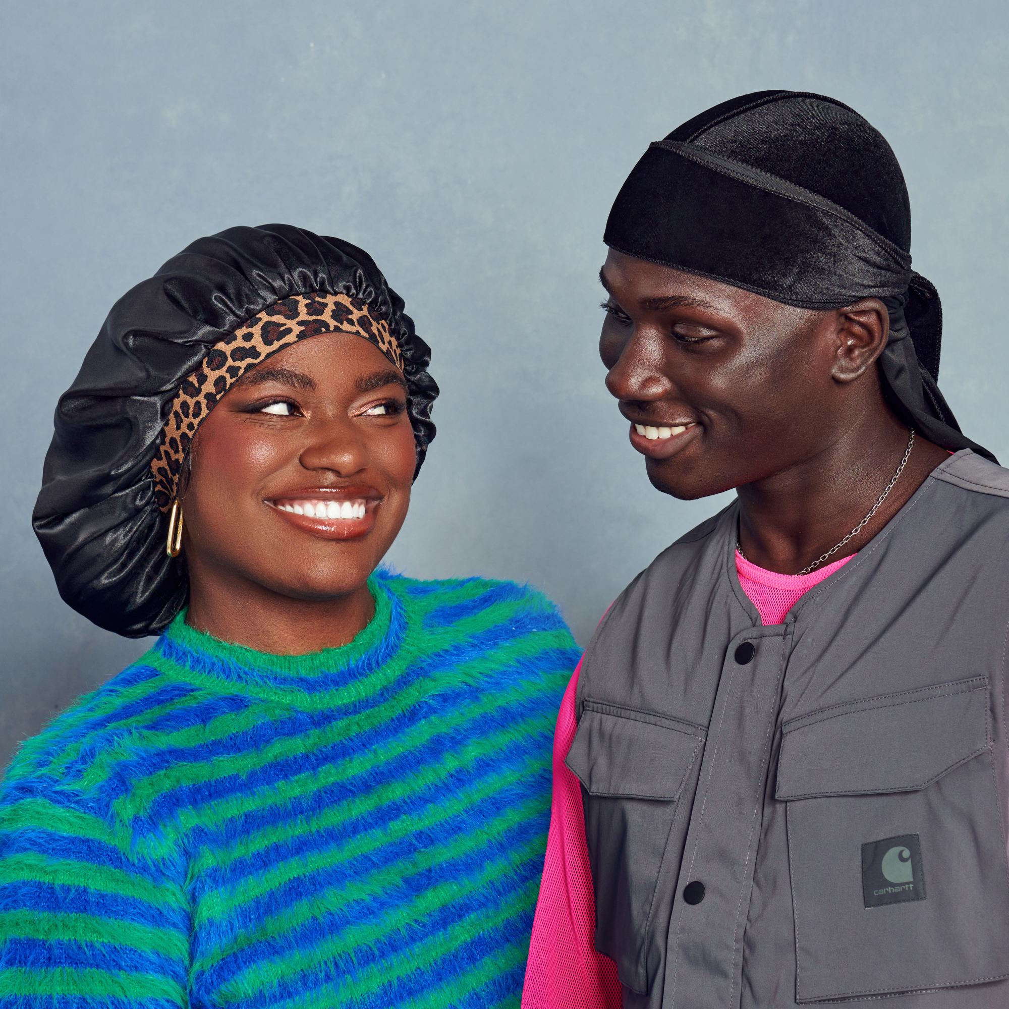 Kiss Colors & Care Silky Charmeuse Satin Stylish Day & Night Cap - Black & Leopard