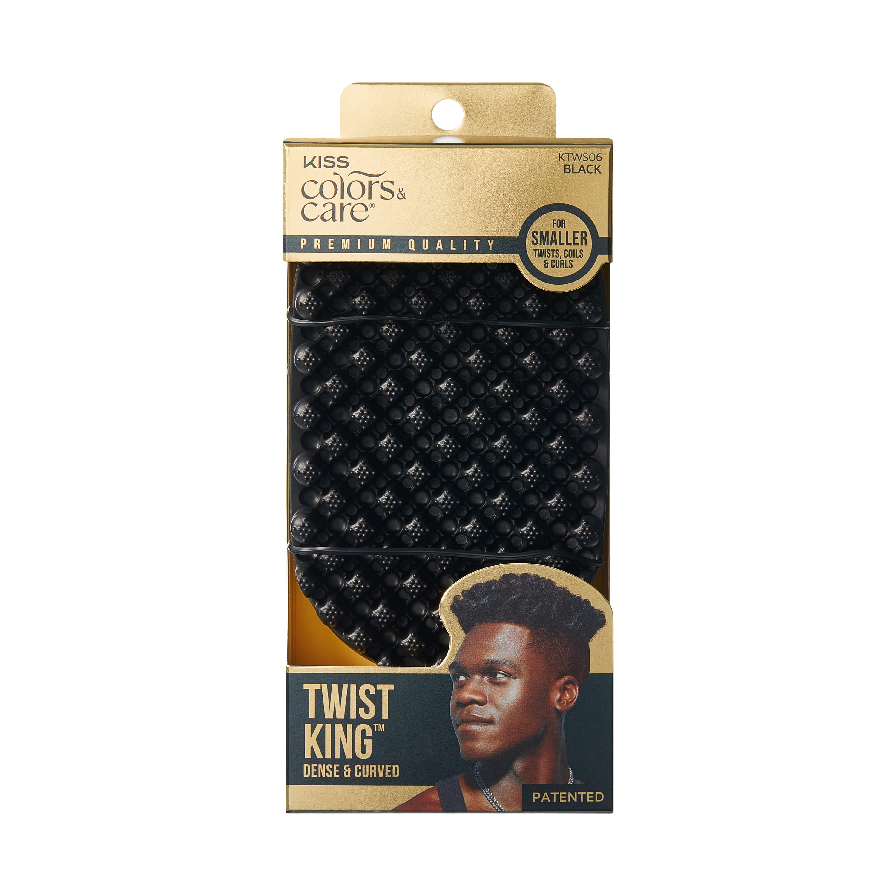 KISS Colors & Care Twist King Dense & Curved black sponge for smaller twists, coils & curls, with a young man with styled hair on gold and black packaging.