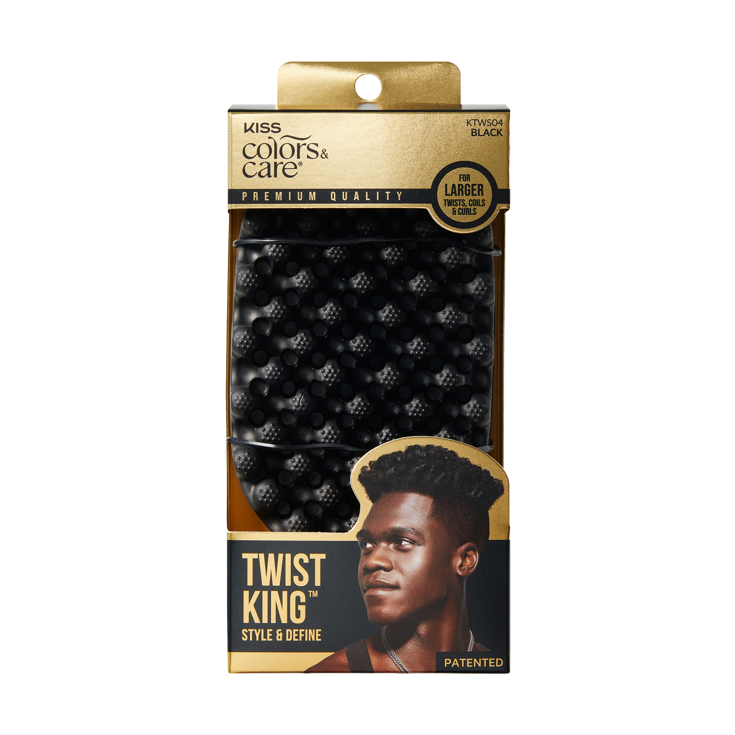 KISS Colors & Care Twist King black hair tool packaging with textured styling brush, for larger twists, coils, and curls, featuring a man with styled hair.