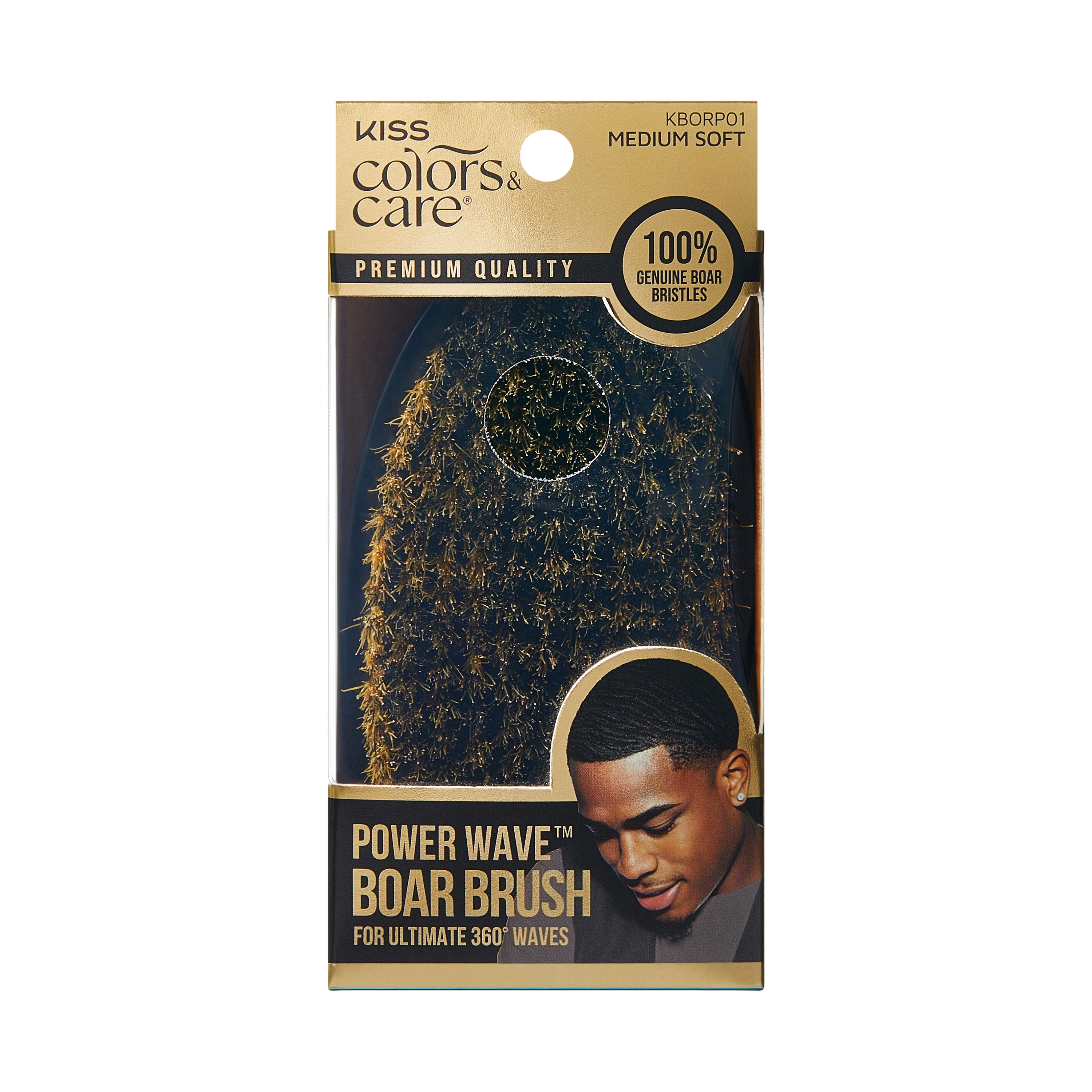 KISS Colors & Care 360 Power Wave Premium Palm Boar Brush with medium soft bristles, packaged with gold accents and a photo of a man with waves.