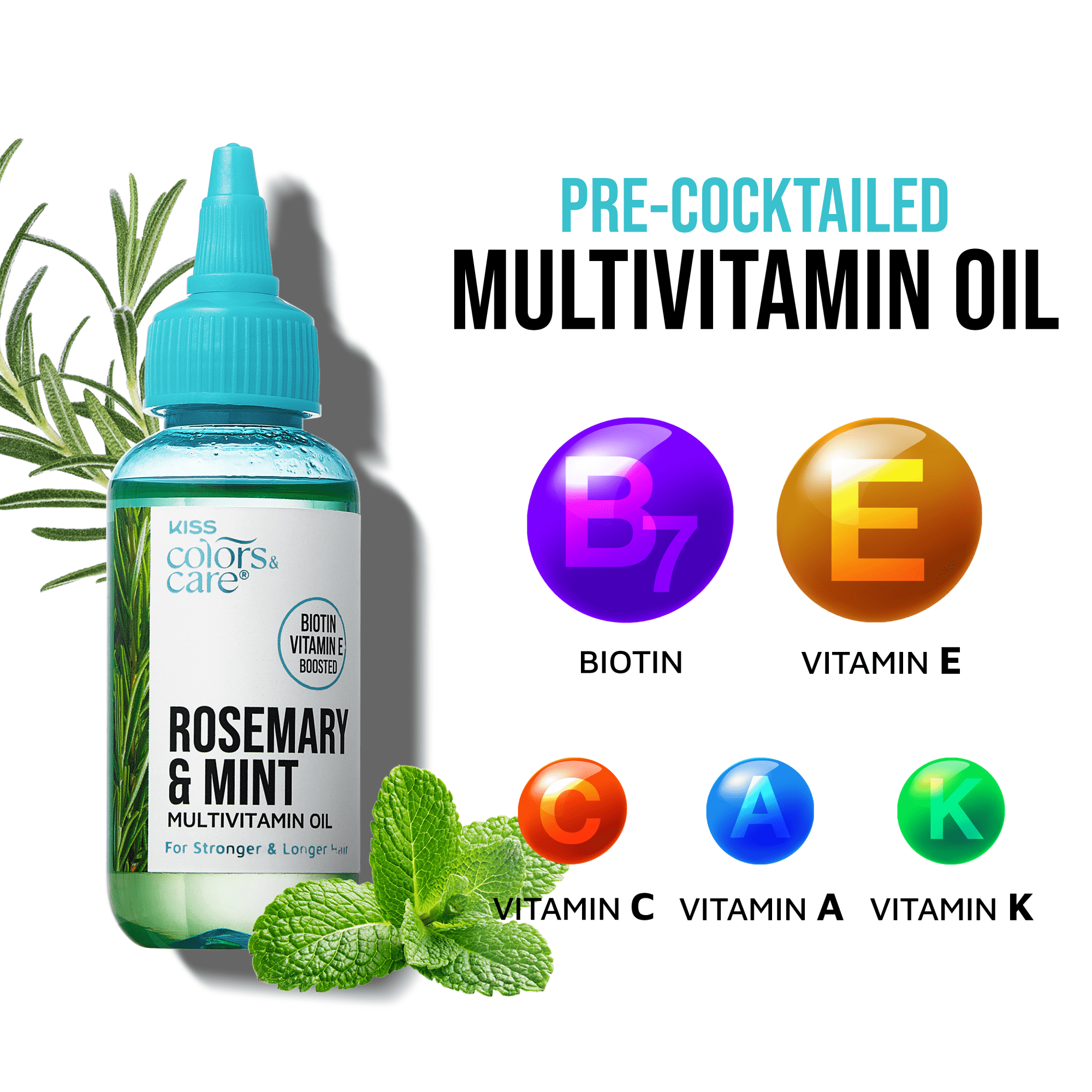 KISS Colors & Care Rosemary & Mint multivitamin oil bottle with rosemary sprig and mint leaves, highlighting biotin and vitamins A, C, E, K.