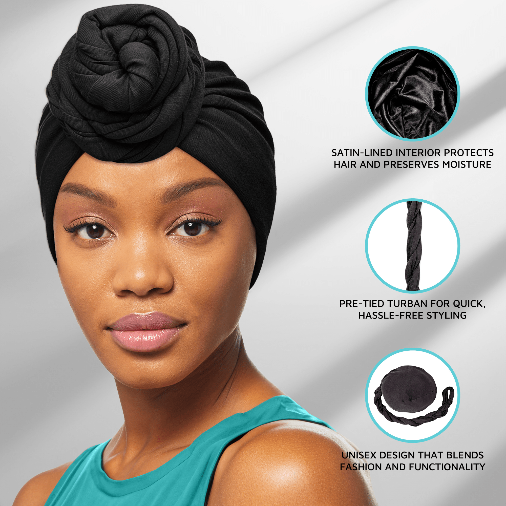 Close-up of a woman wearing a black satin-lined, pre-tied halo turban with a twisted knot. Text highlights moisture-preserving lining, quick styling, and unisex design.