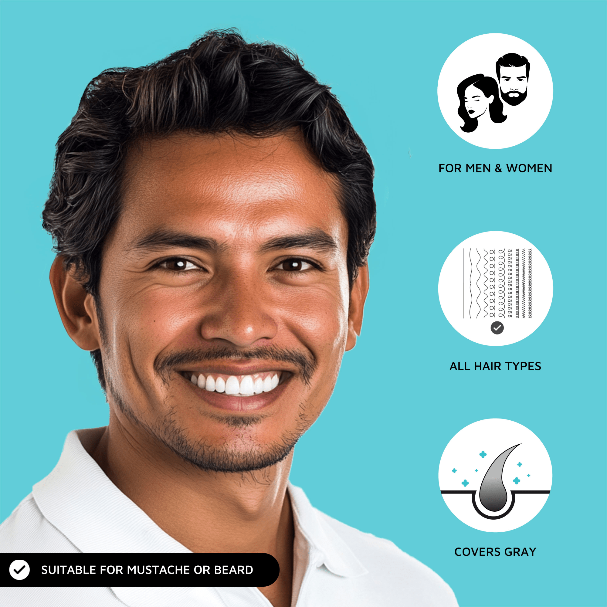 Smiling man with dark hair on blue background, icons indicate product suits men & women, all hair types, covers gray, and is suitable for mustache or beard.