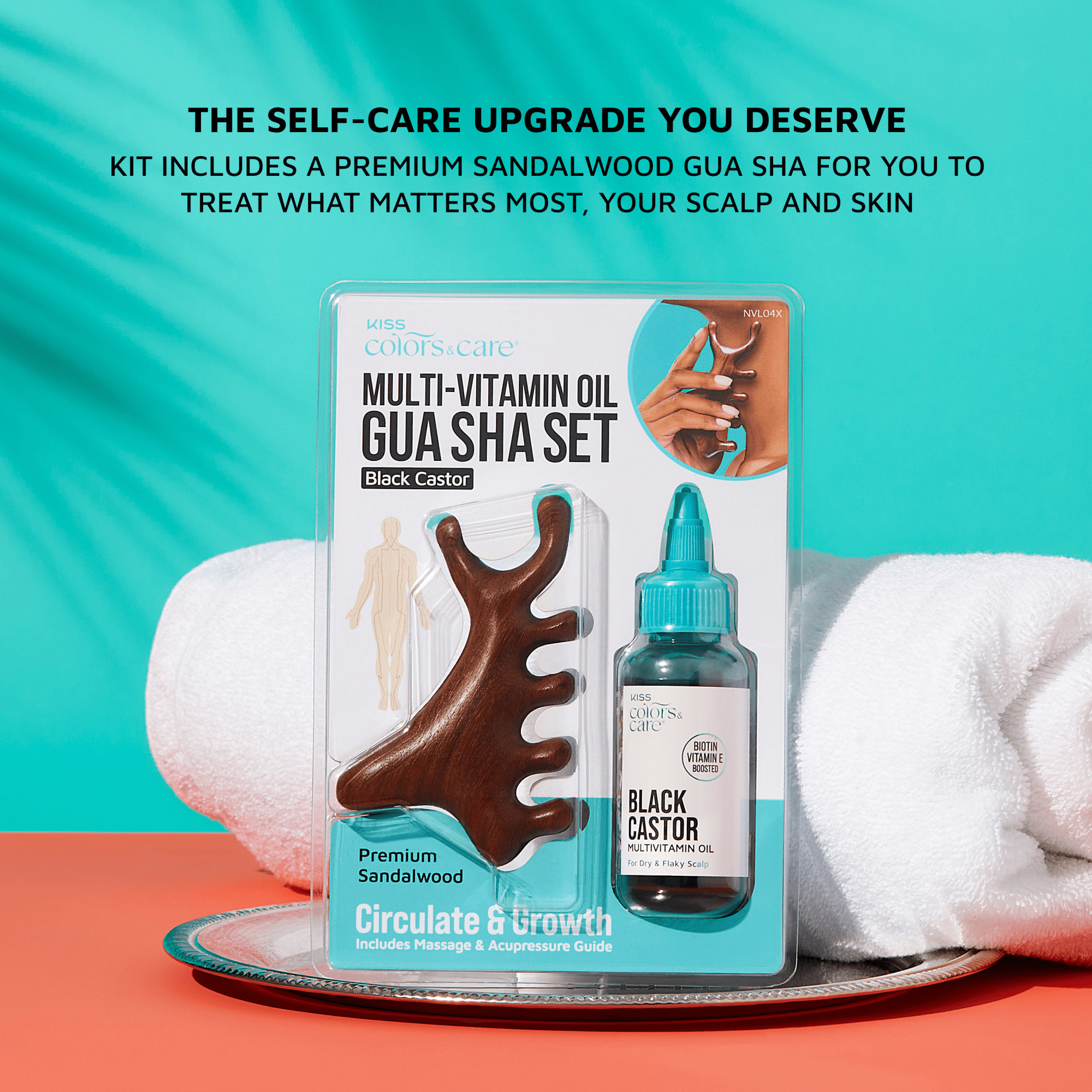 KISS Colors & Care Multi-Vitamin Oil Gua Sha Set in teal packaging, featuring black castor oil and a sandalwood Gua Sha tool, with text about scalp and skin care.