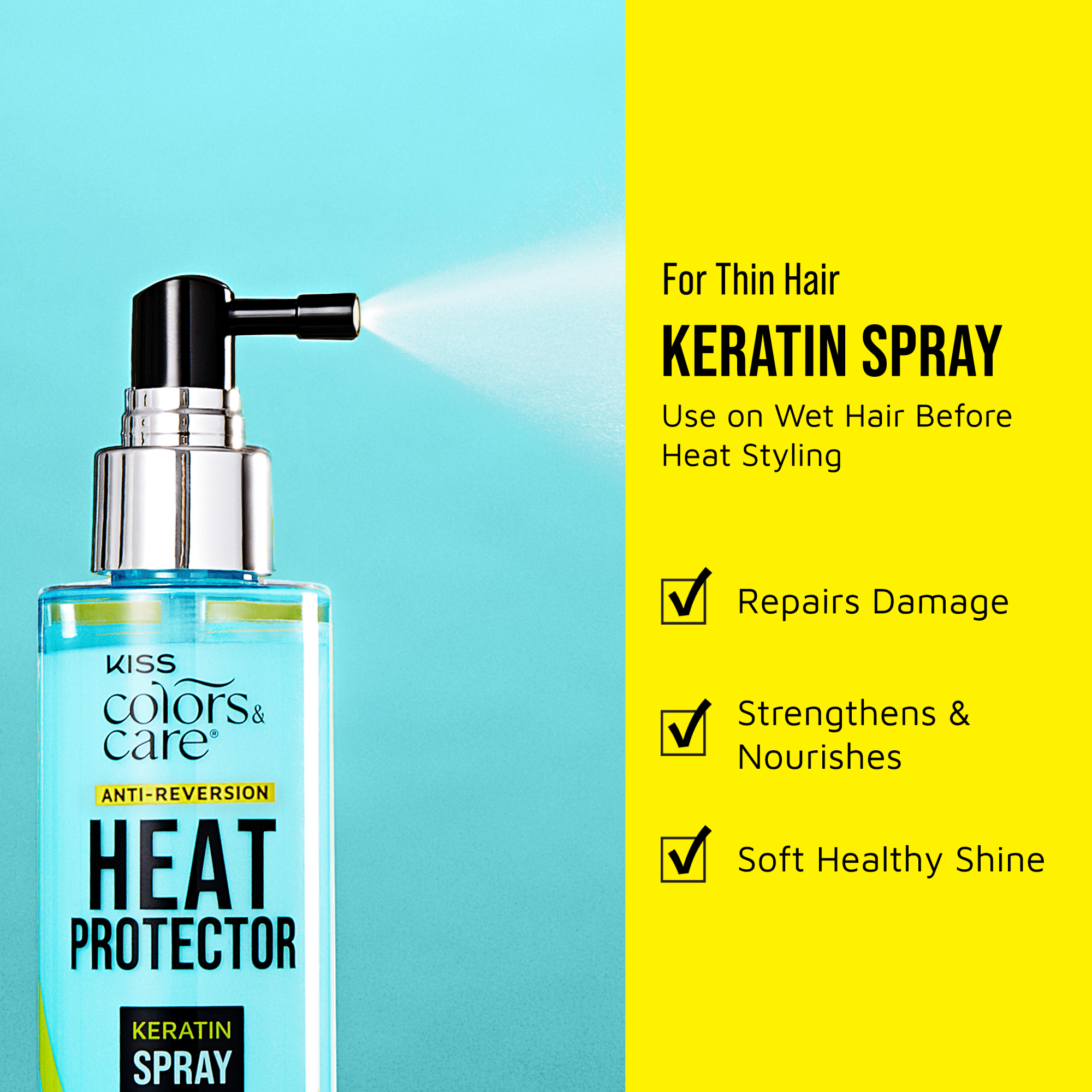 Clear blue bottle of KISS Colors & Care Anti-Reversion Heat Protector Keratin Spray spraying mist, with text highlighting benefits for thin hair: repairs damage, strengthens, nourishes, adds shine.