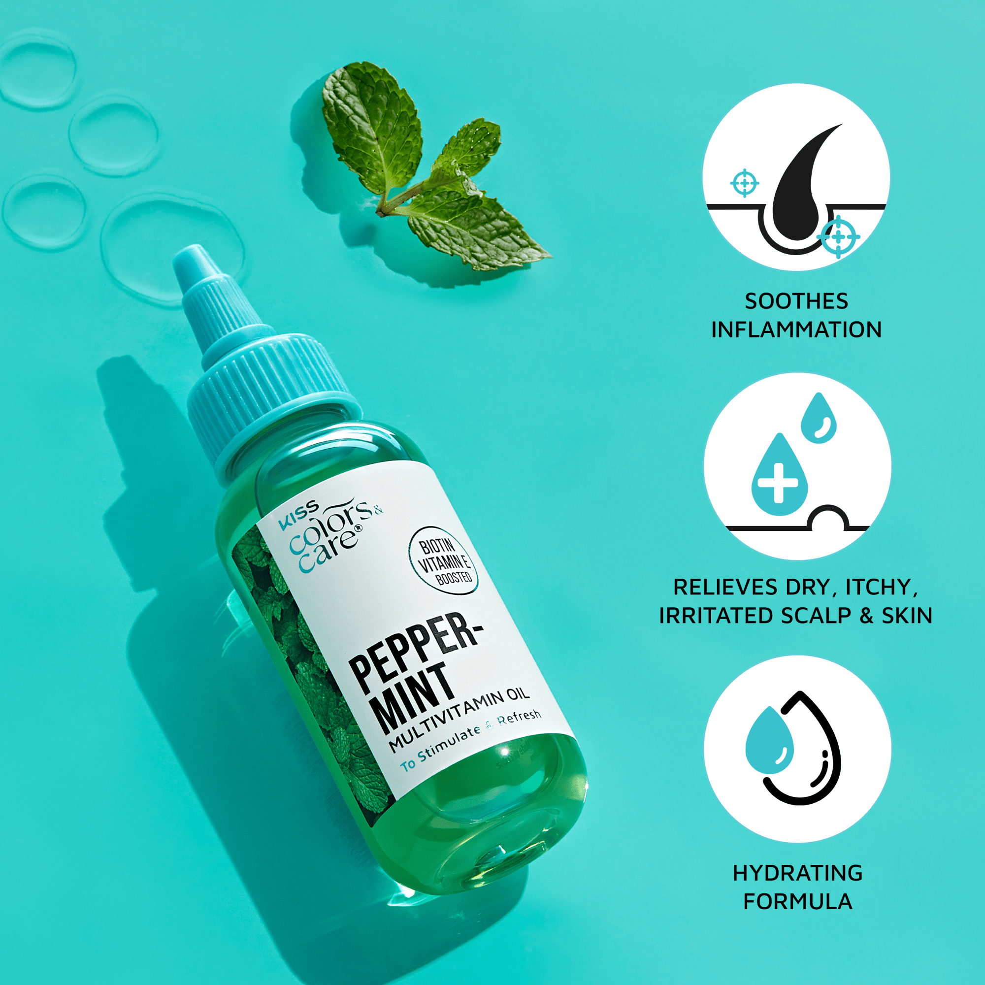 KISS Colors & Care Peppermint Multivitamin Oil bottle on turquoise background with mint leaves, highlighting soothing, relieving, and hydrating benefits.